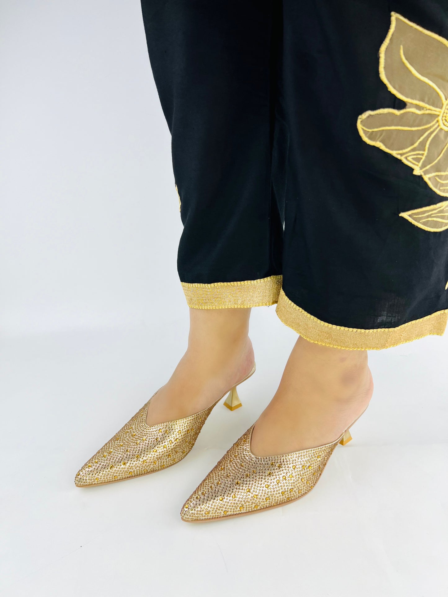 Crystal Sequins Gold Embellished Pointed Shallow Diamond Suede Mules-11039