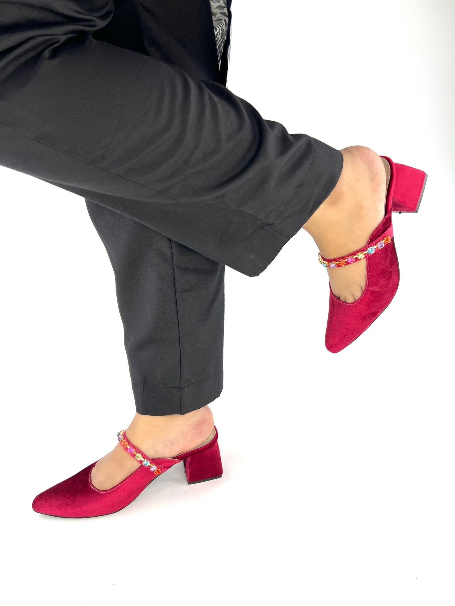 Jewel Maroon Block Heeled Sandals (11006) - Spunkz