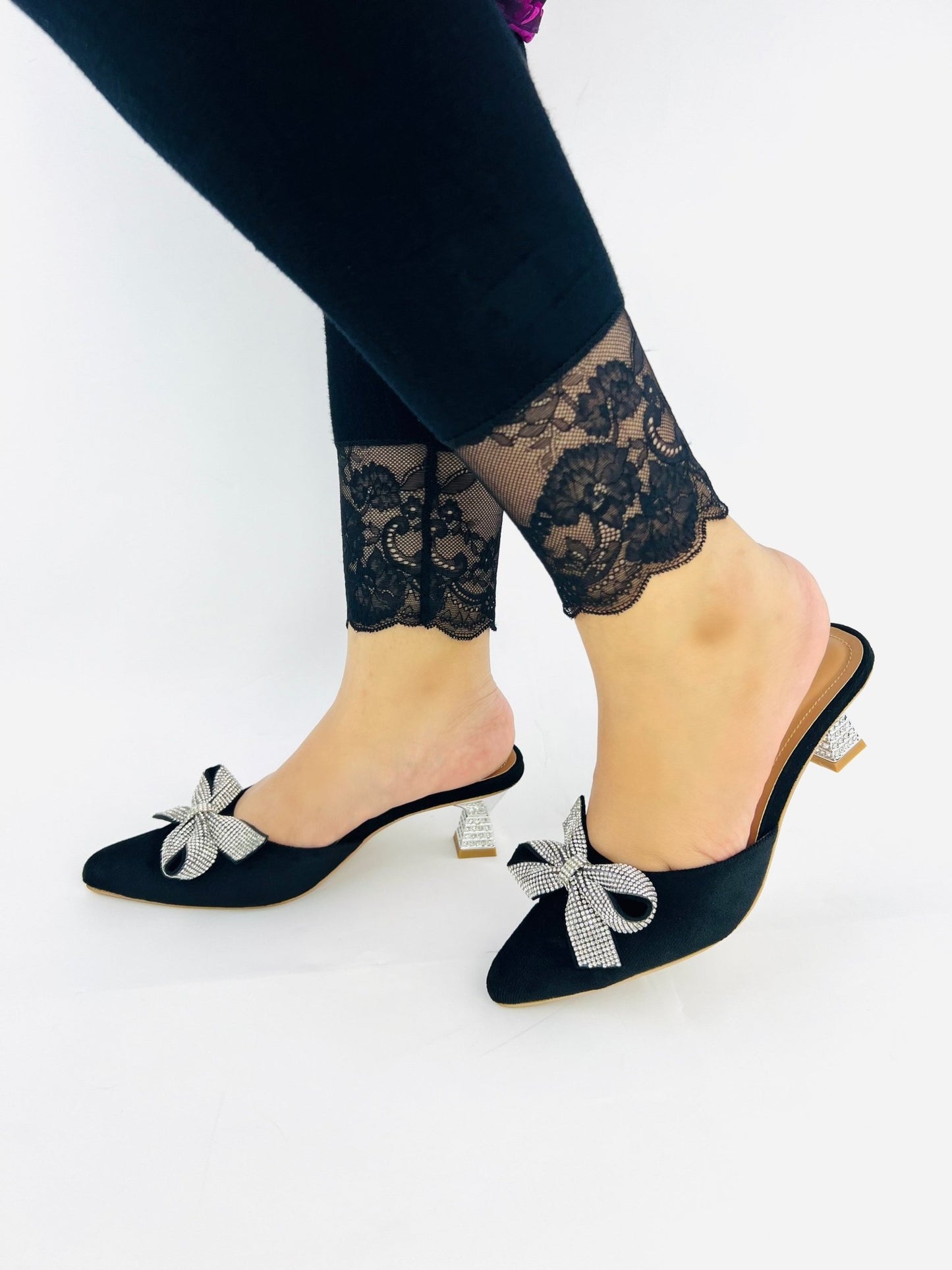 Velvet Bow Mule Heels (Black) - Spunkz