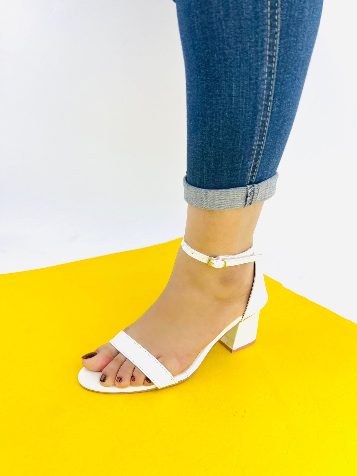 Liza White Chunky Heeled Ankle Strap Sandals - 11031 - Spunkz