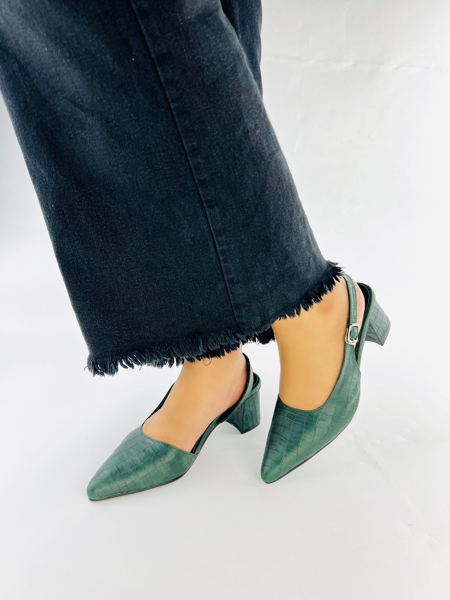 Spunkz Crocodile Embossed Green Leather Half Block Heel Sandals 12002