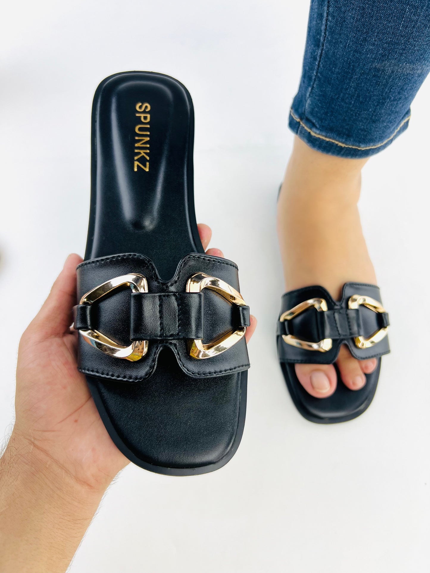 Spunkz Black Metal Chain Buckle Casual Flat Slides for Women-11080