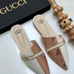 Snake Print Pointed Toe Flat Mules 9031