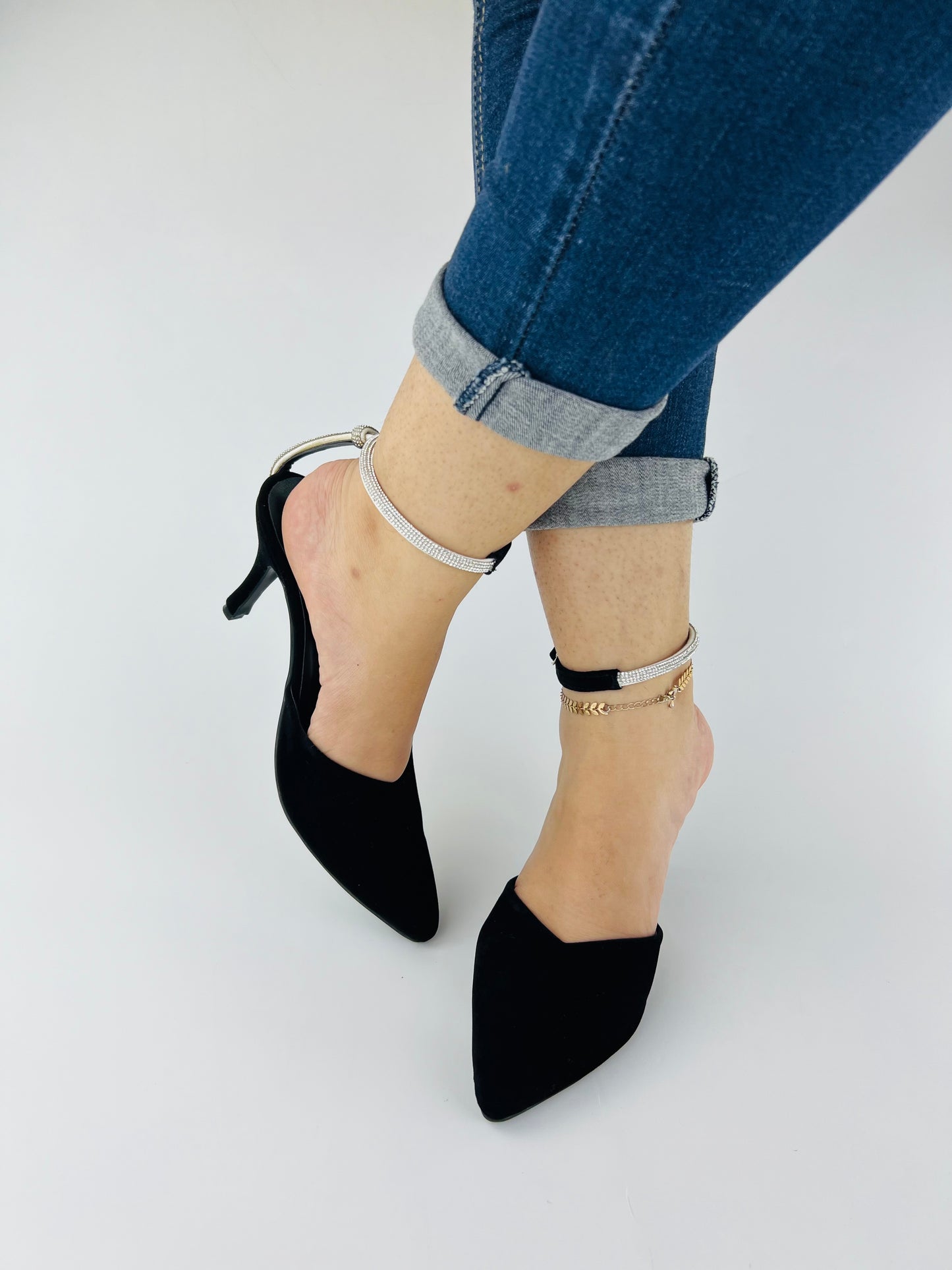 Rihana Black Velvet Rhinestone Ankle Strap Mules-11082