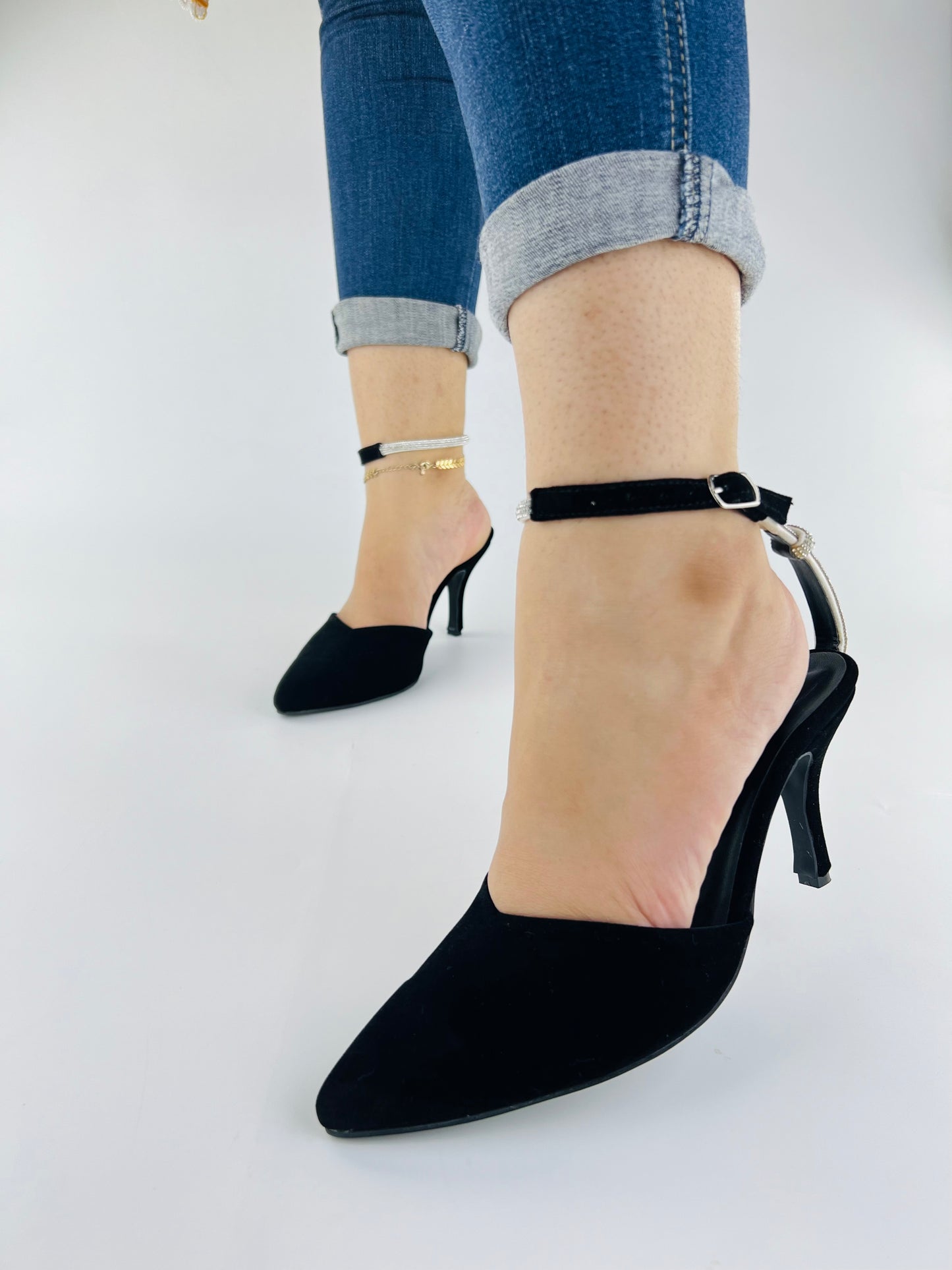 Rihana Black Velvet Rhinestone Ankle Strap Mules-11082