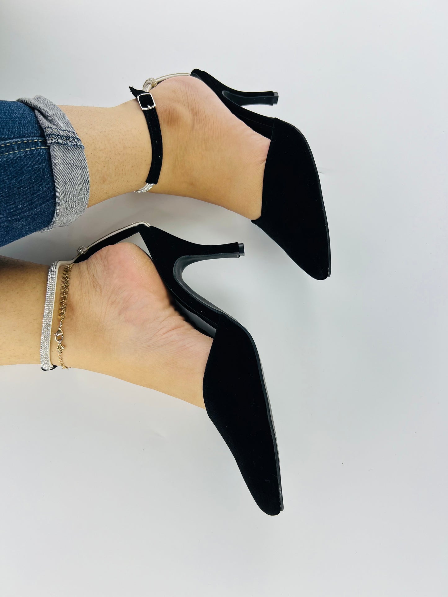 Rihana Black Velvet Rhinestone Ankle Strap Mules-11082