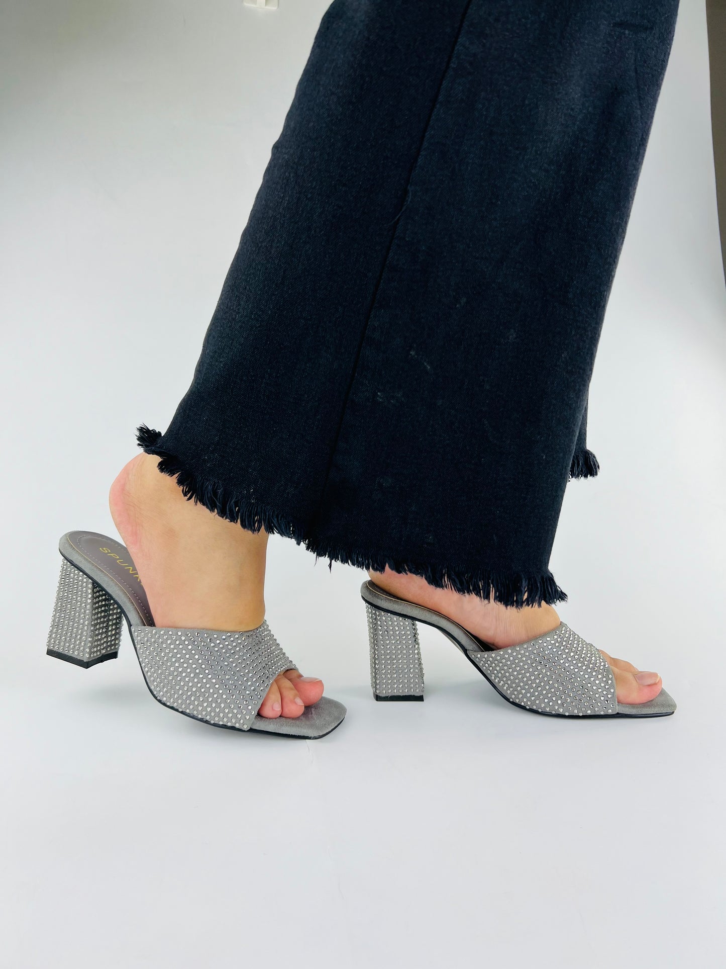 Spunkz Anja Grey Open Toe Crystal Studded High Heeled Mules-11002