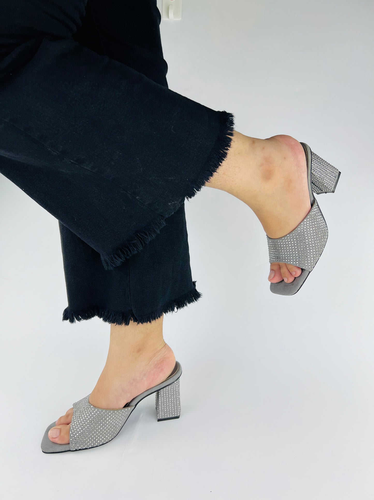 Spunkz Anja Grey Open Toe Crystal Studded High Heeled Mules-11002