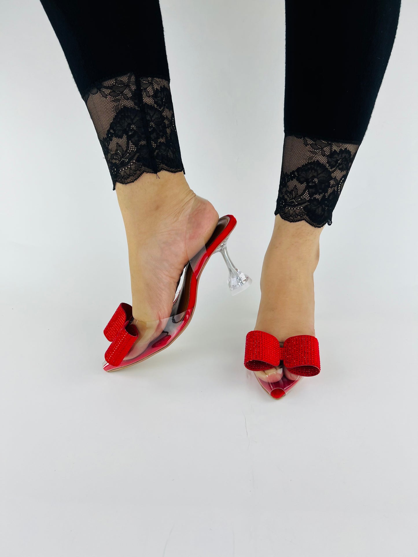Red Romeo Crystal Embellished Shiny Bow Pointed Toe Heels-11085