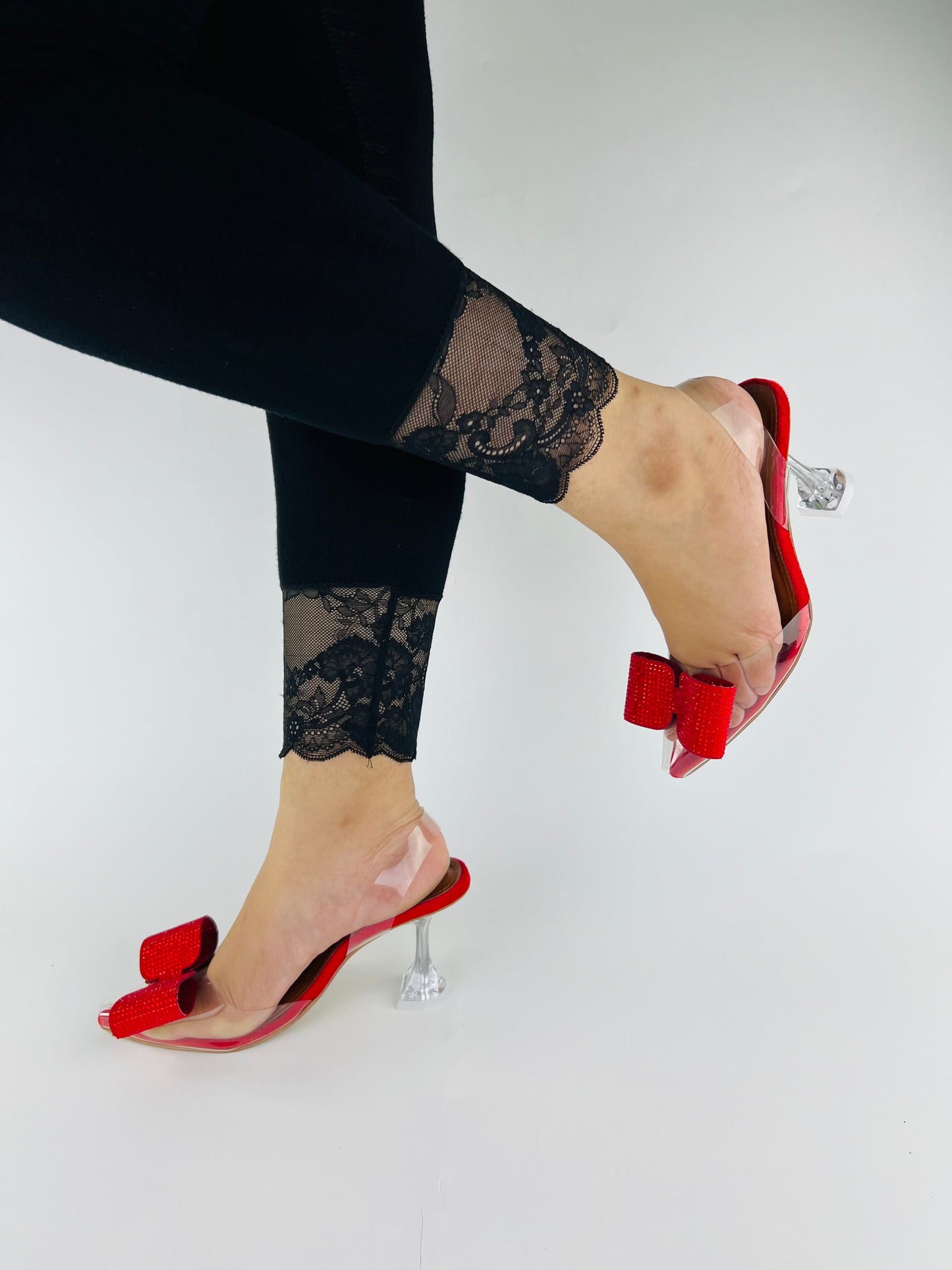 Red Romeo Crystal Embellished Shiny Bow Pointed Toe Heels-11085