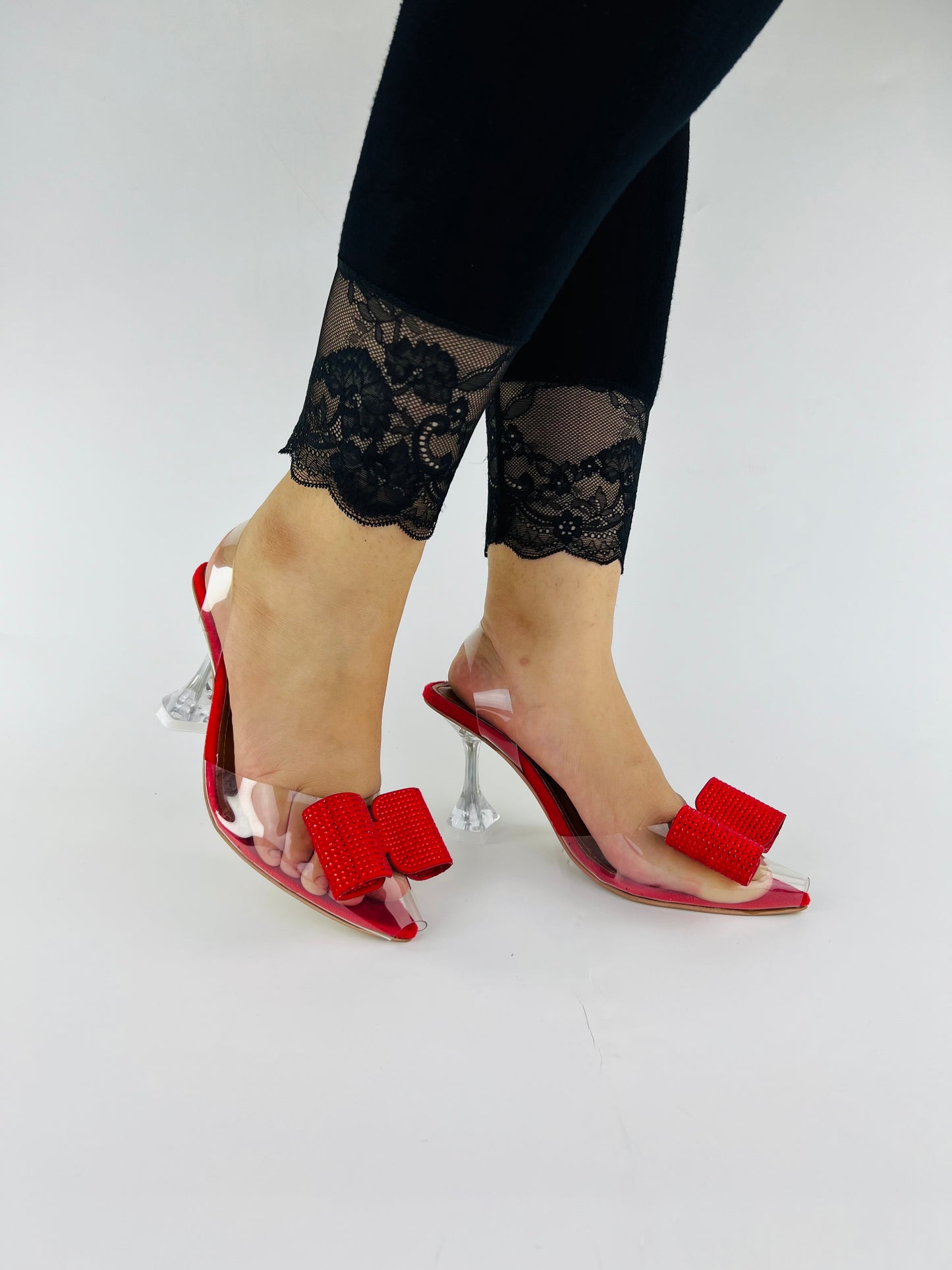Red Romeo Crystal Embellished Shiny Bow Pointed Toe Heels-11085