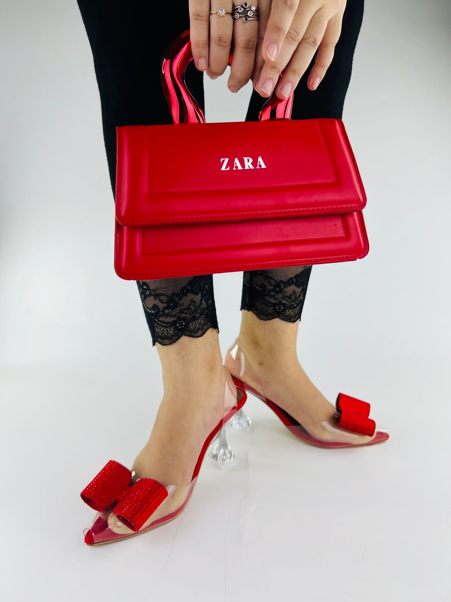 Red Romeo Crystal Embellished Shiny Bow Pointed Toe Heels-11085