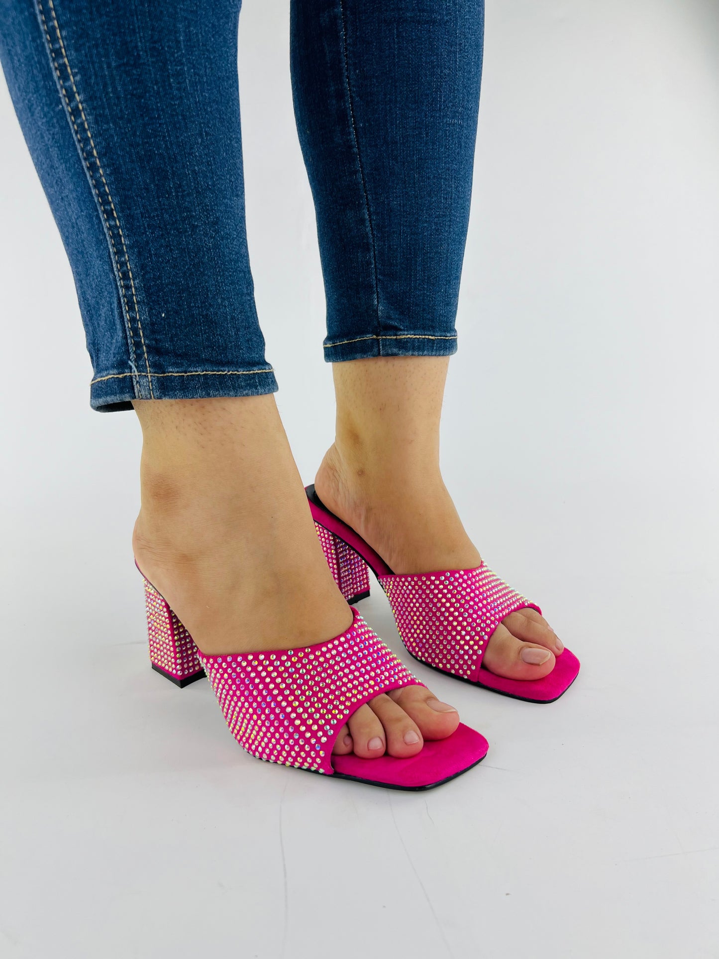 Anja Pink Open Toe Crystal-Studded High-Heeled Mules-11002