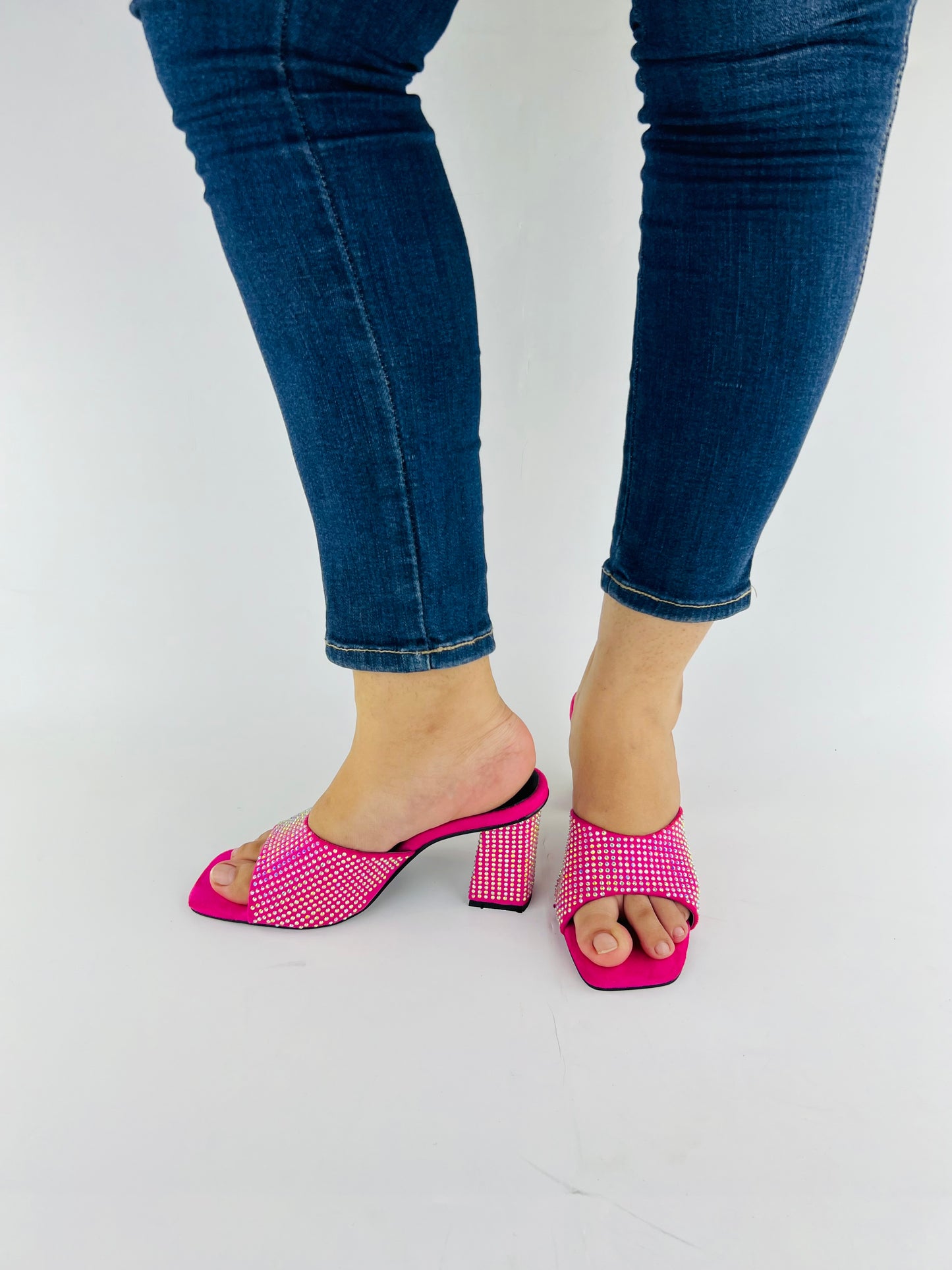 Anja Pink Open Toe Crystal-Studded High-Heeled Mules-11002