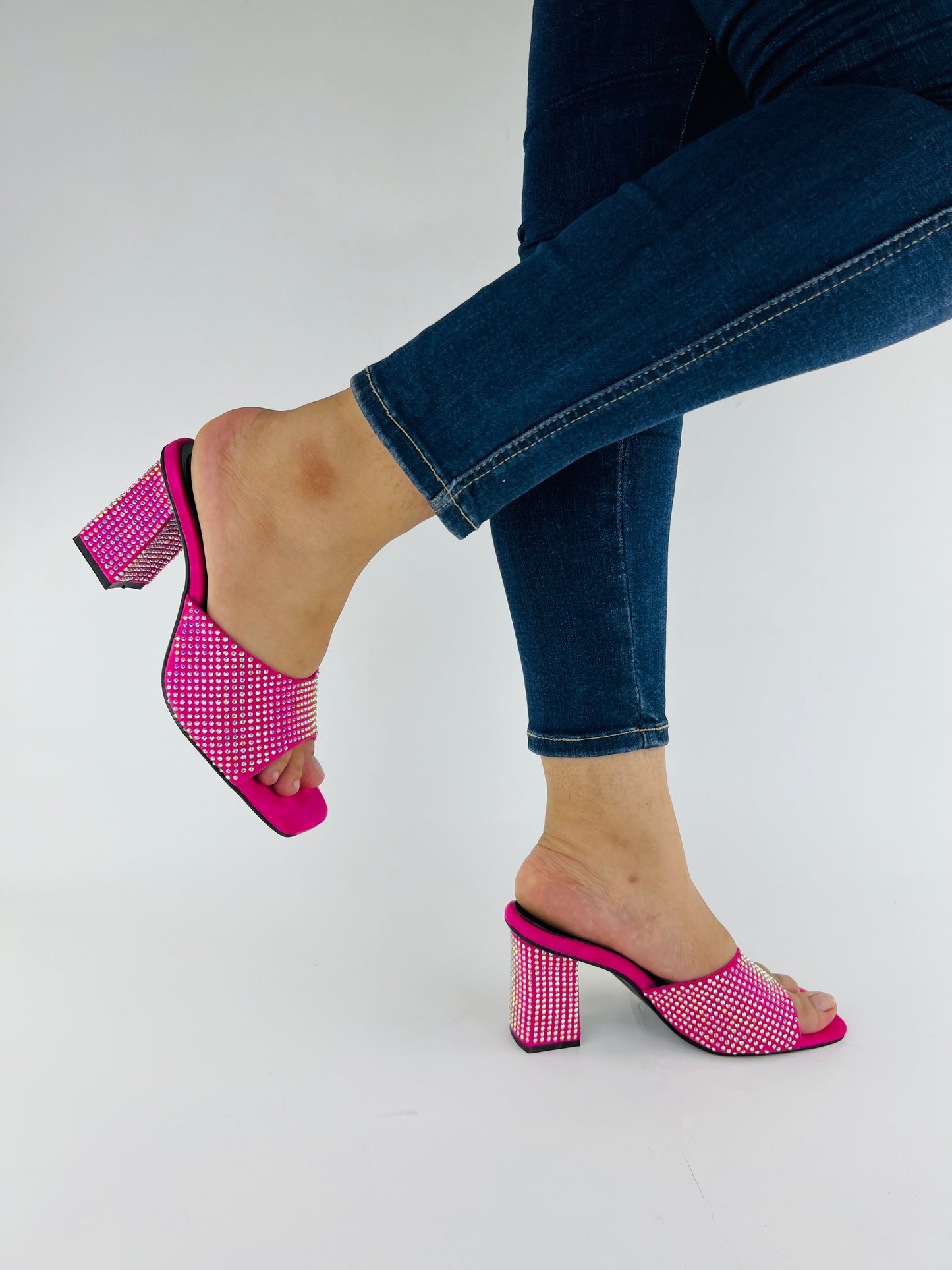 Anja Pink Open Toe Crystal-Studded High-Heeled Mules-11002