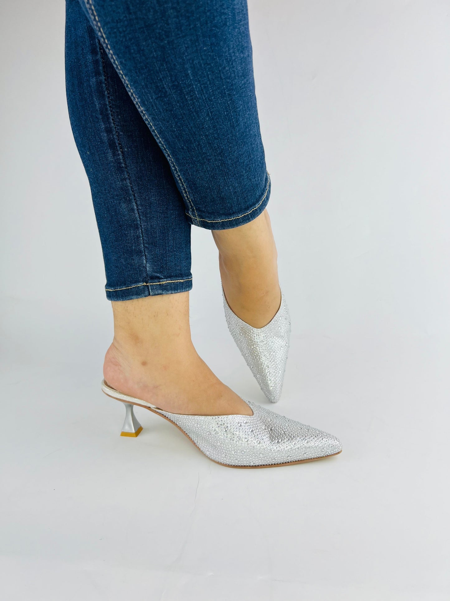 Spunkz Silver Shiny Crystal Stones Pointed Toe Mules-11039