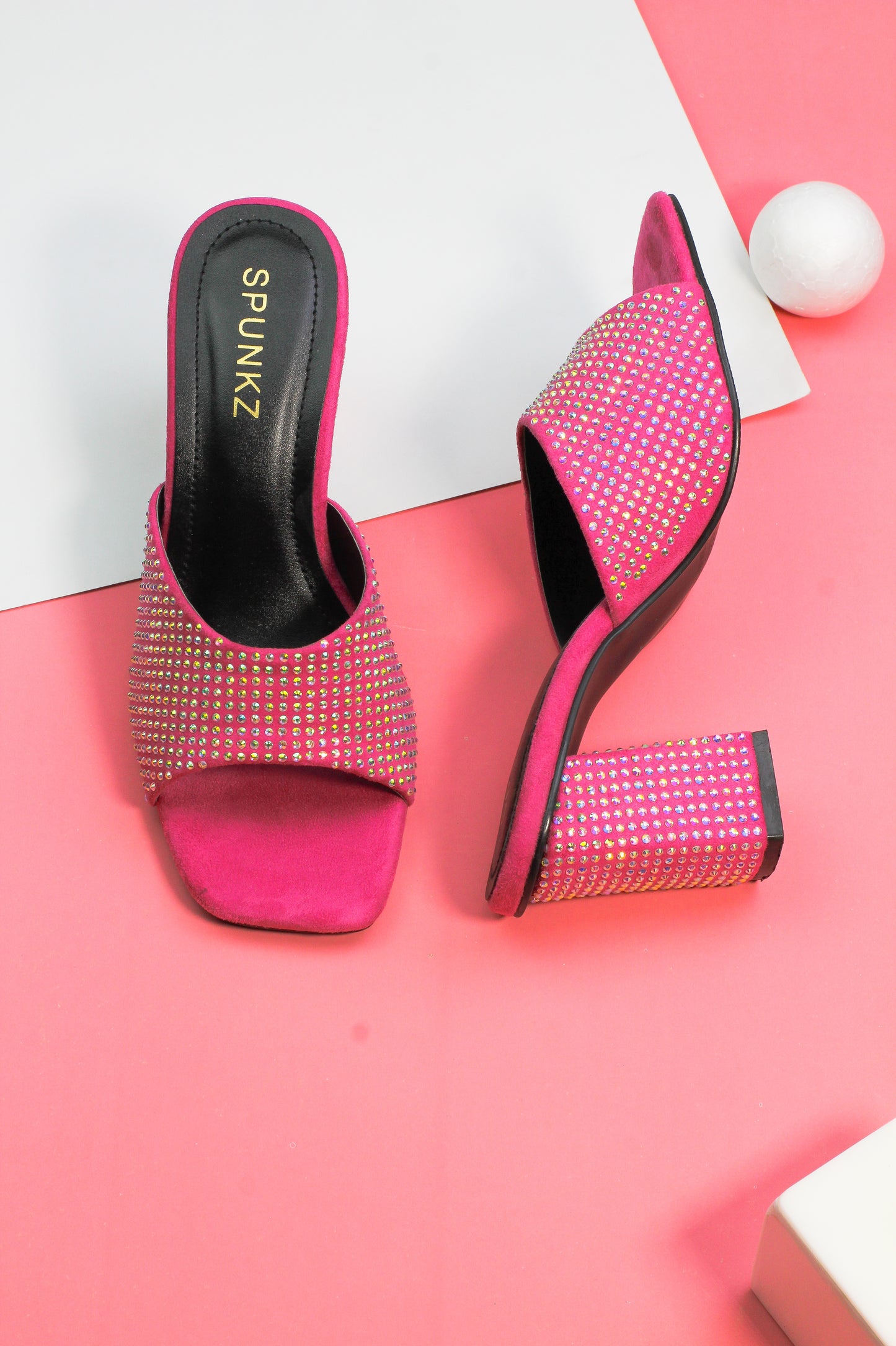 Anja Pink Open Toe Crystal-Studded High-Heeled Mules - Spunkz