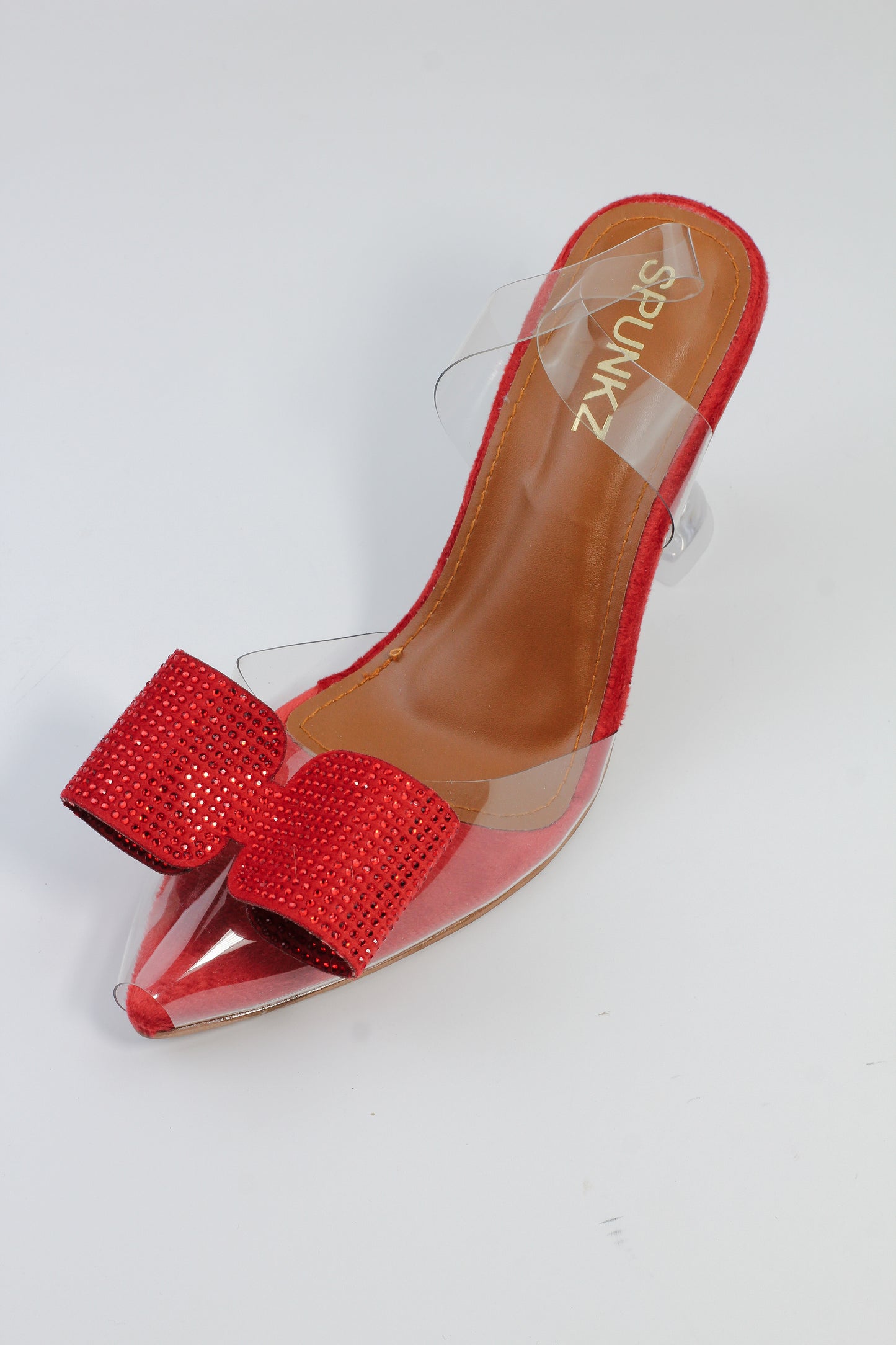 Red Romeo Crystal Embellished Shiny Bow Pointed Toe Heels - Spunkz