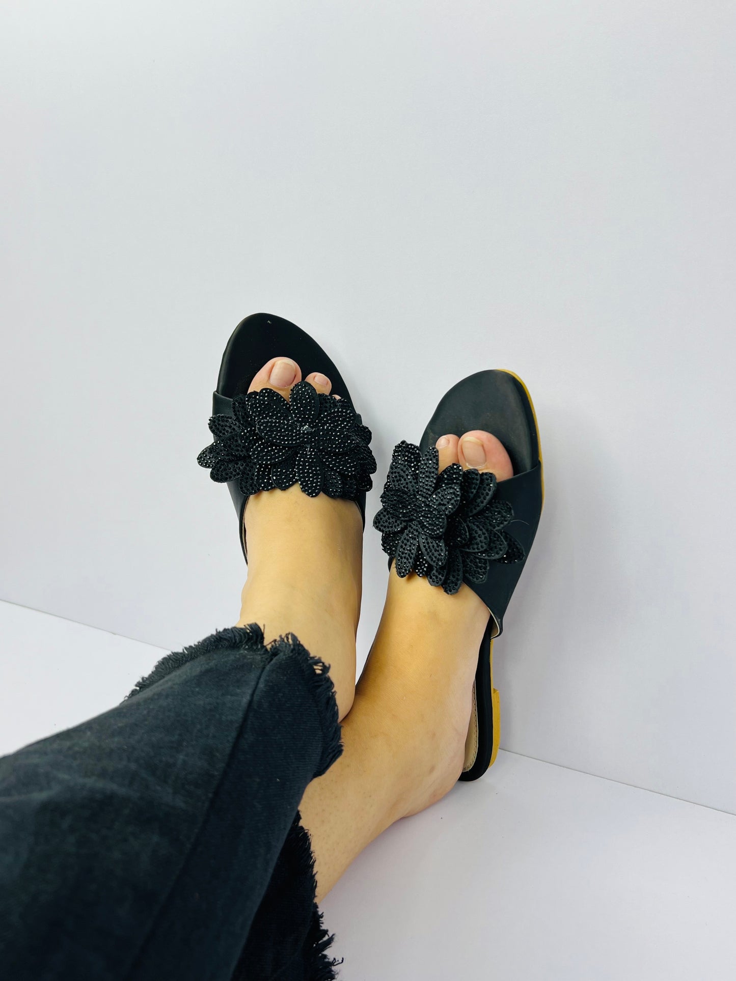 Melena Black Shiny Diamante Flower Slides-11030