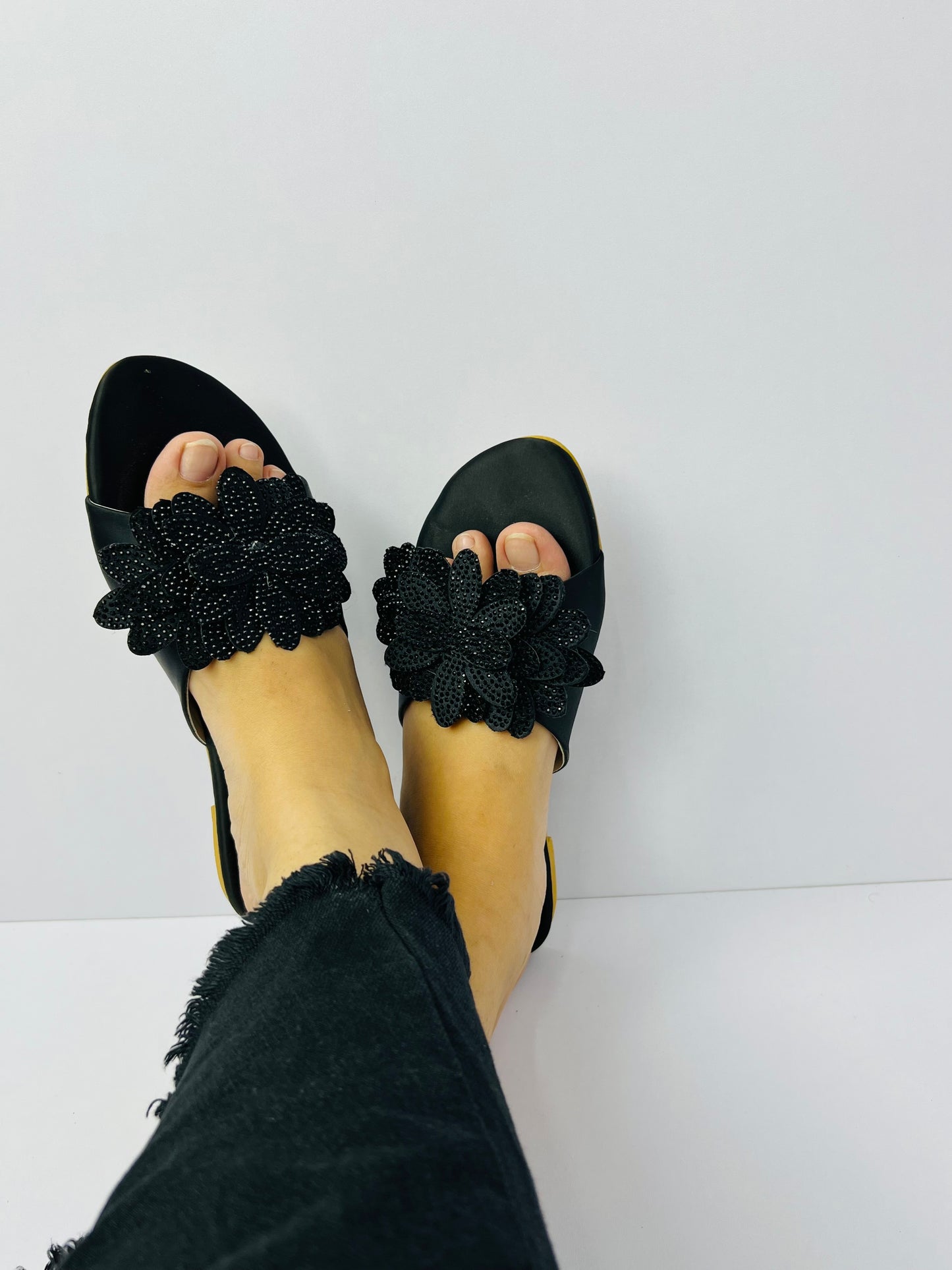 Melena Black Shiny Diamante Flower Slides-11030