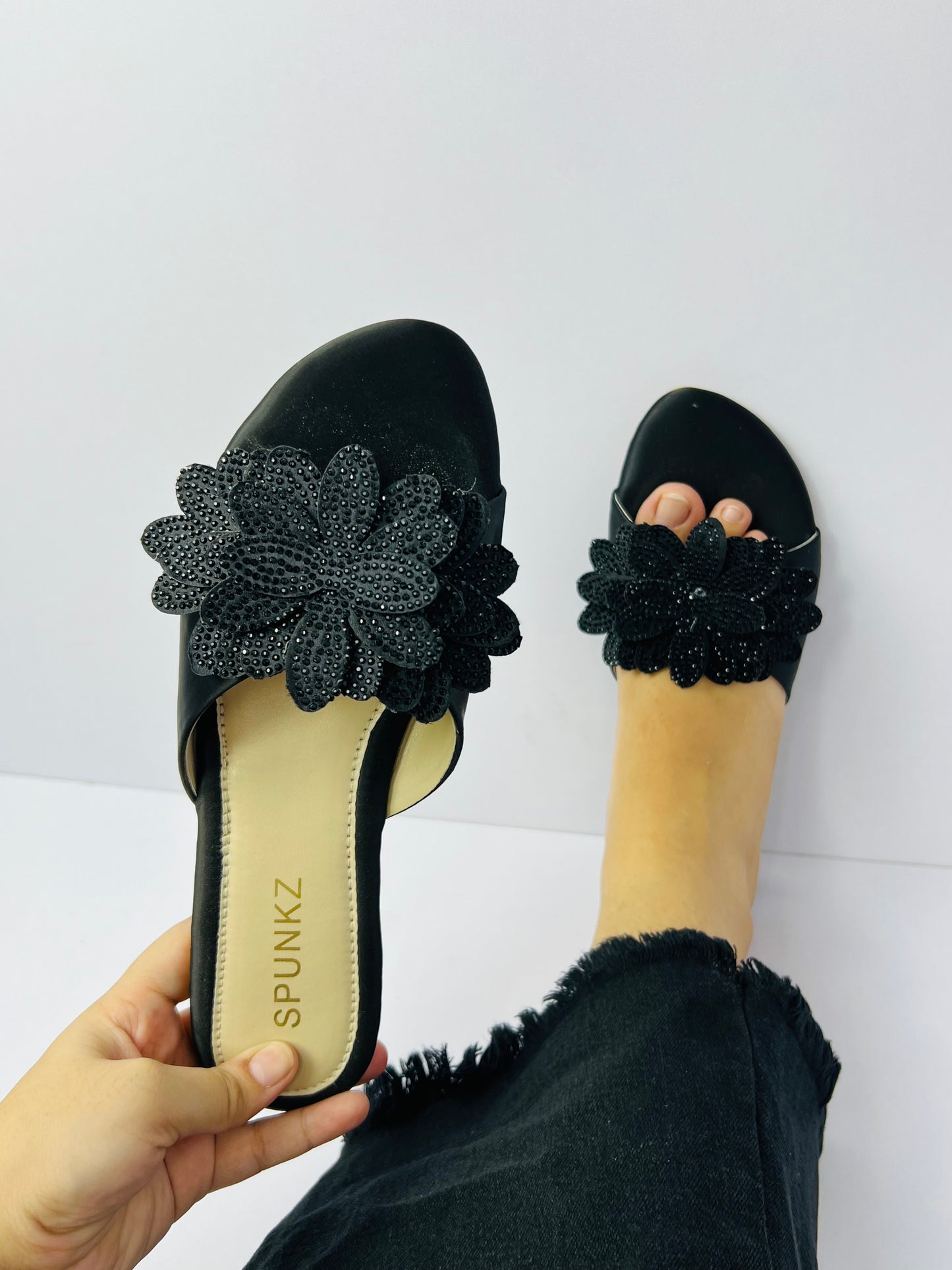 Melena Black Shiny Diamante Flower Slides-11030