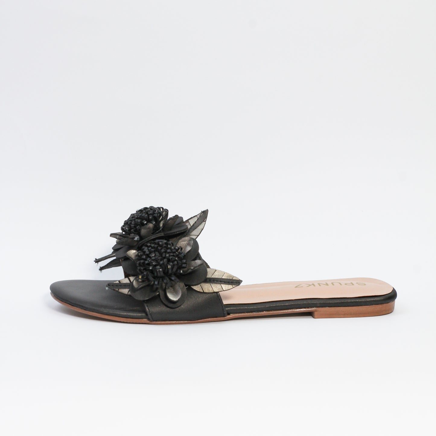 Lilico floral embellishments black sleek slide sandals - Spunkz