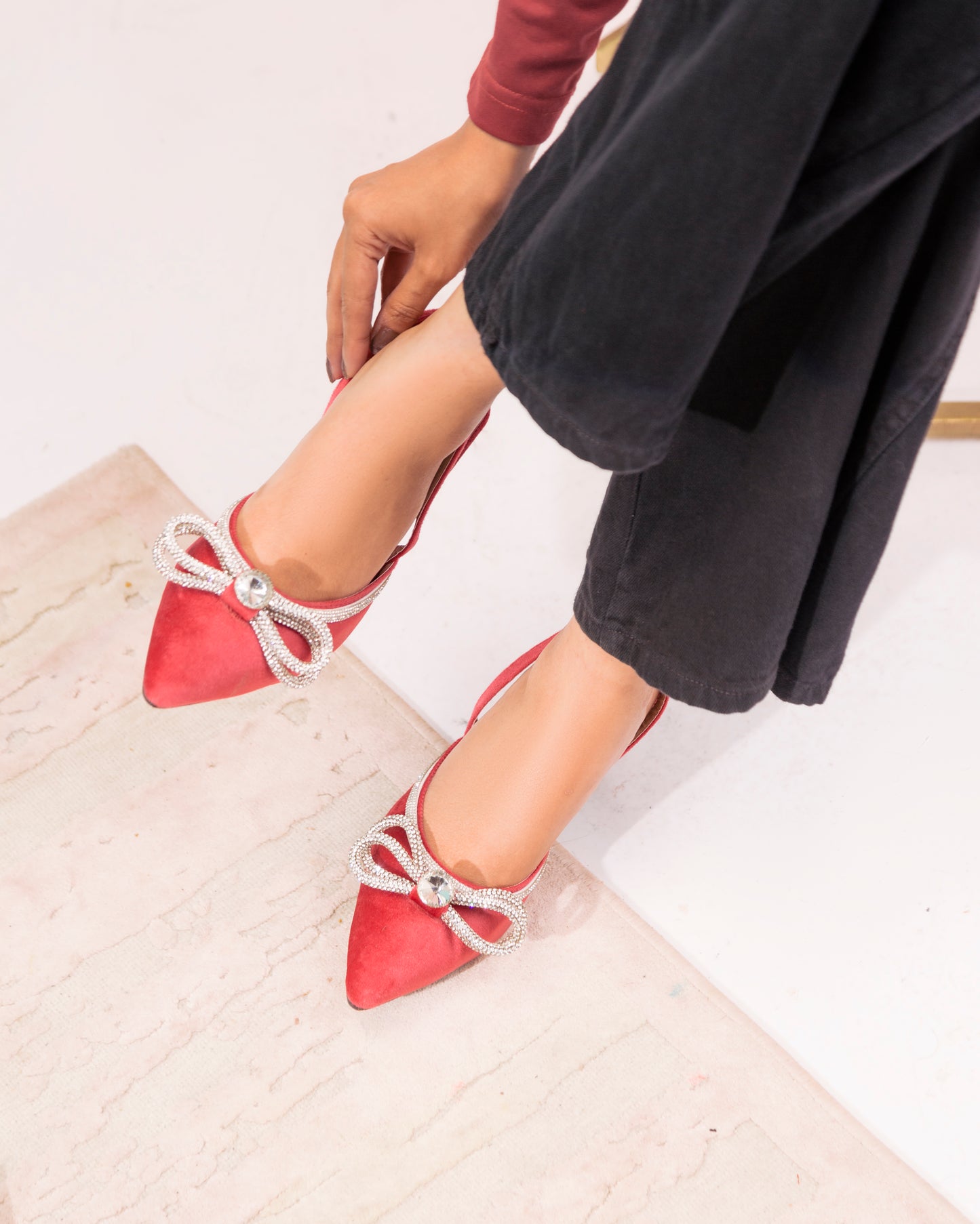 Loxi Pink Pointed Diamante Bow Low Heel - Spunkz