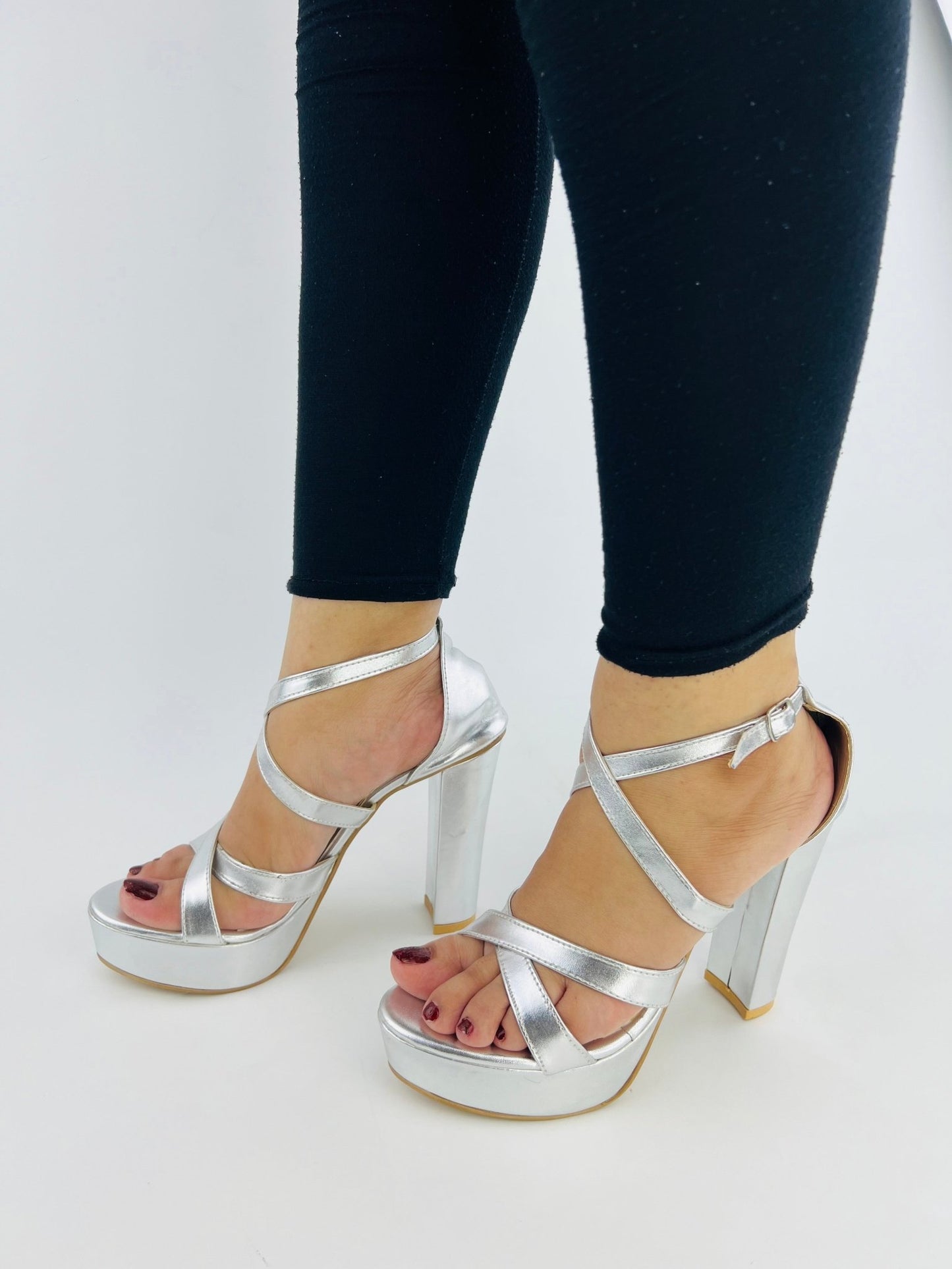 Strappy Silver Platform Heels (11057) - Spunkz