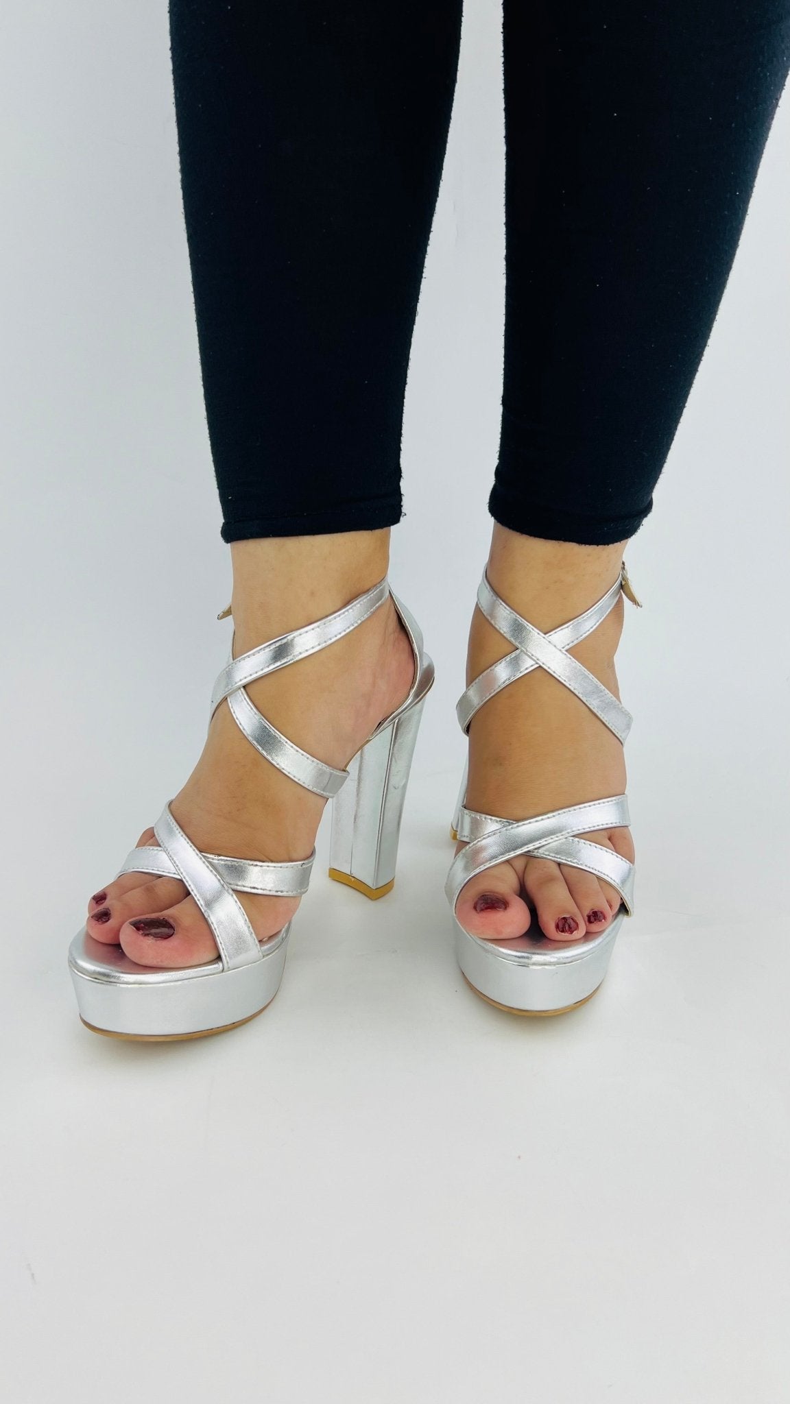 Strappy Silver Platform Heels (11057) - Spunkz