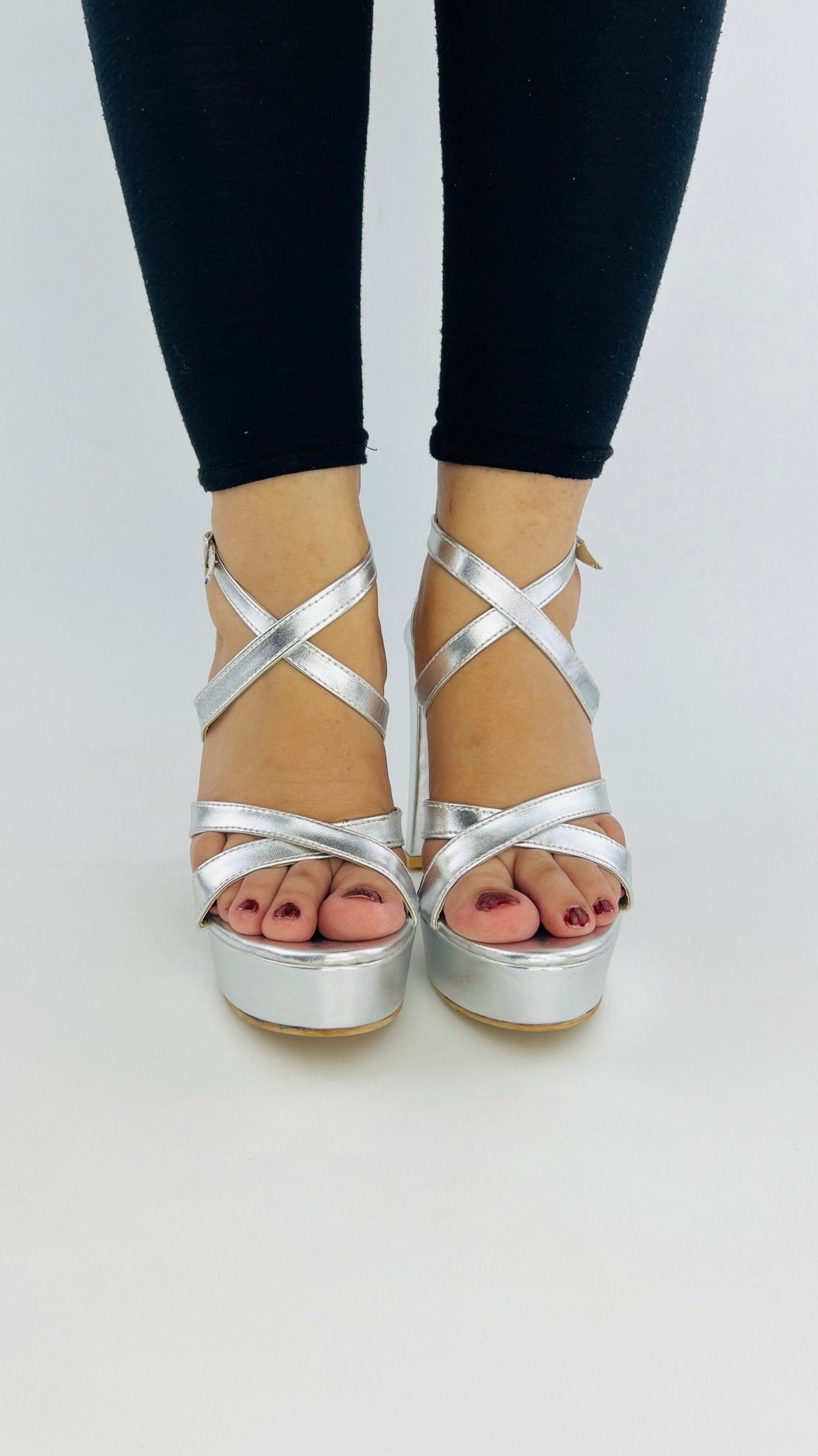 Strappy Silver Platform Heels (11057) - Spunkz