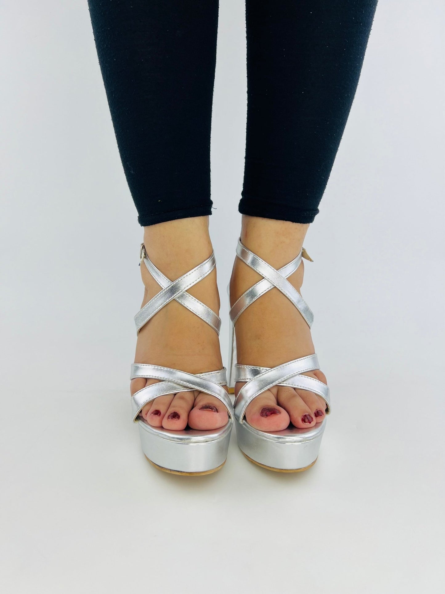 Strappy Silver Platform Heels (11057) - Spunkz