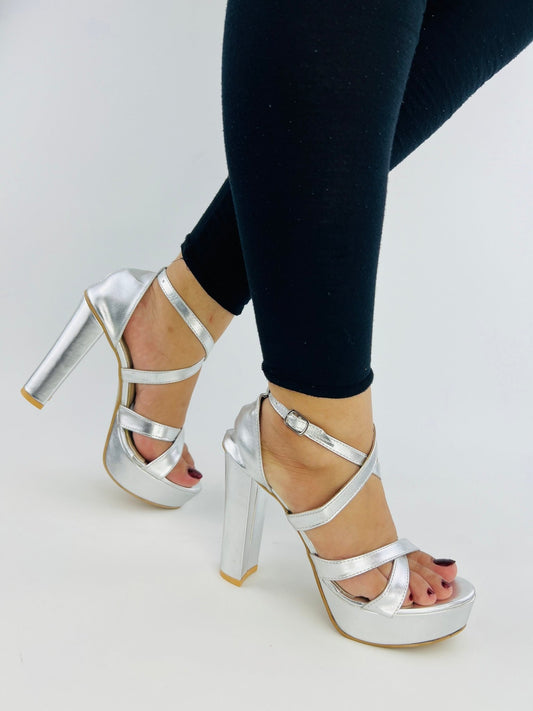 Strappy Silver Platform Heels (11057) - Spunkz
