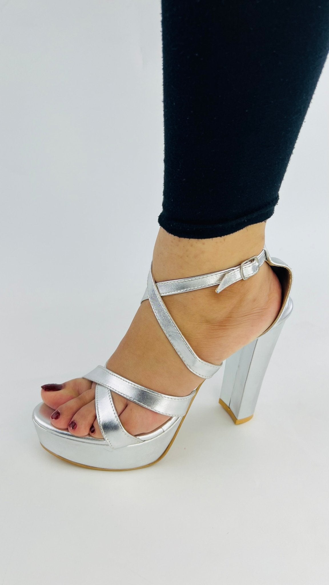 Strappy Silver Platform Heels (11057) - Spunkz