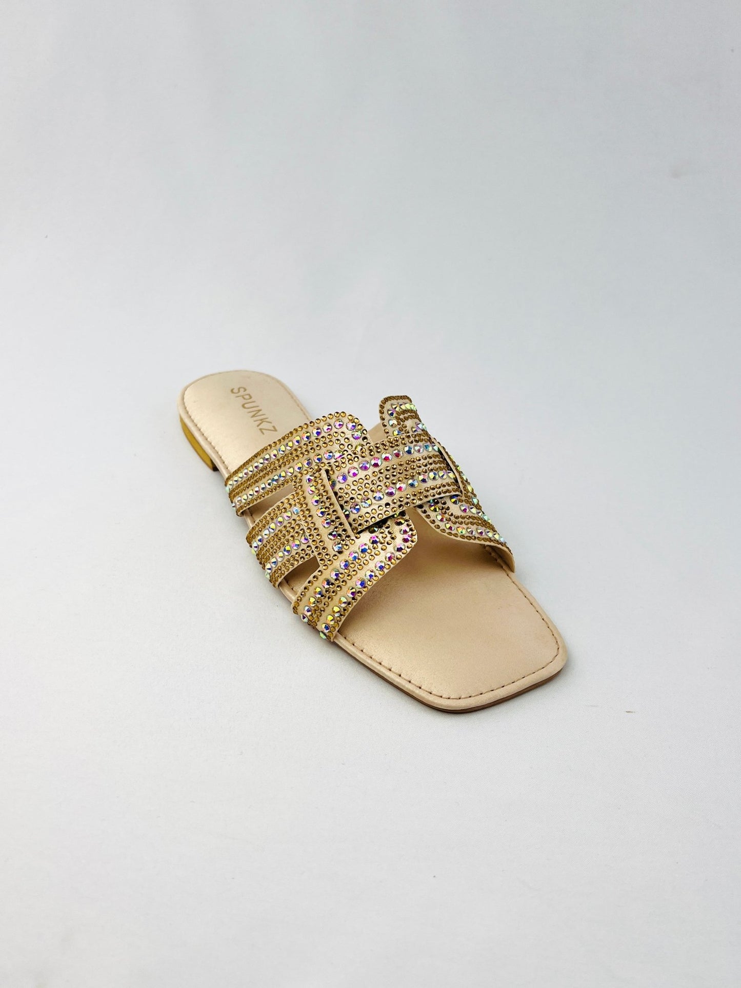 Rhinestone Straps Gold Slippers - Spunkz