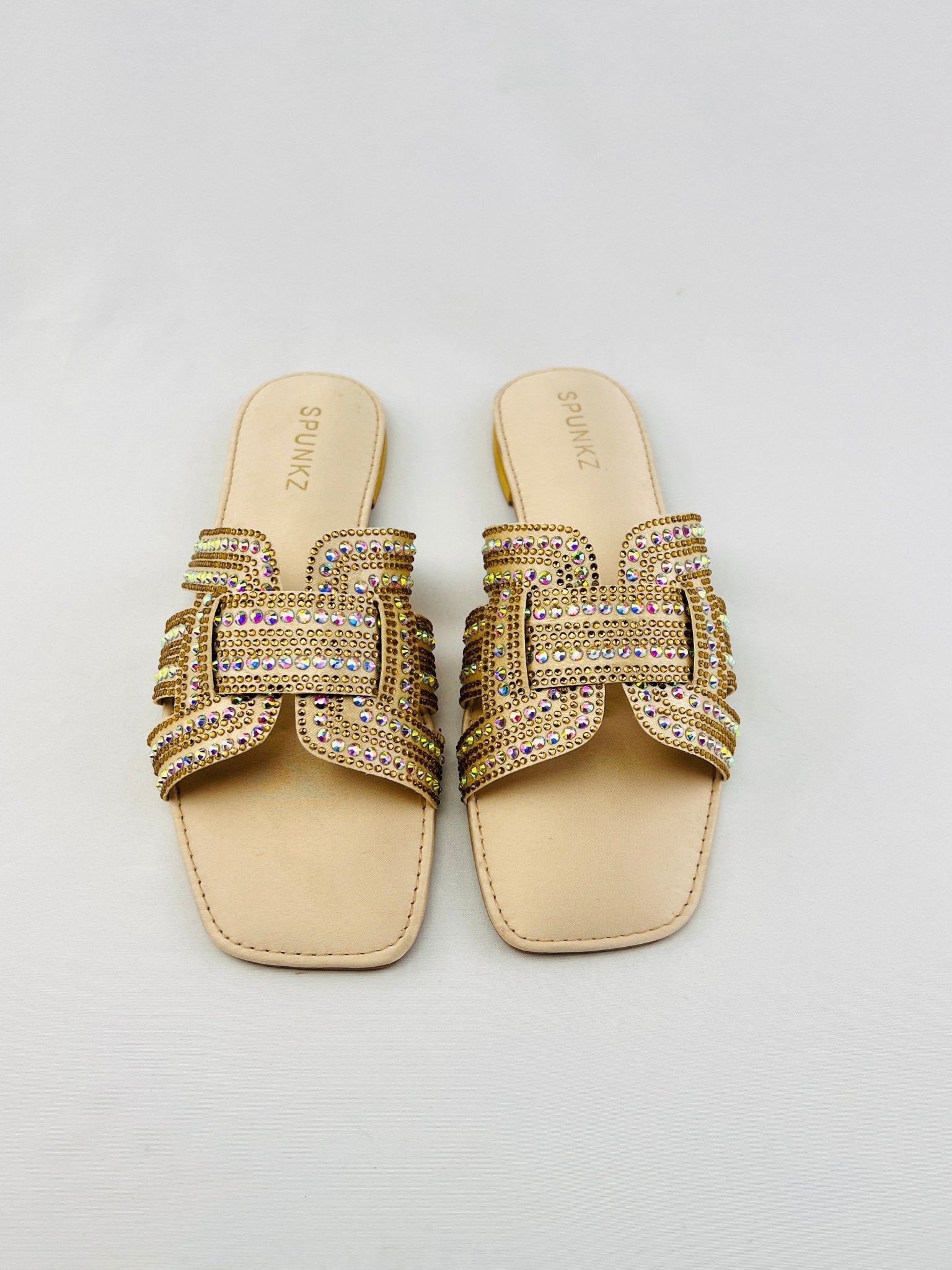 Rhinestone Straps Gold Slippers - Spunkz