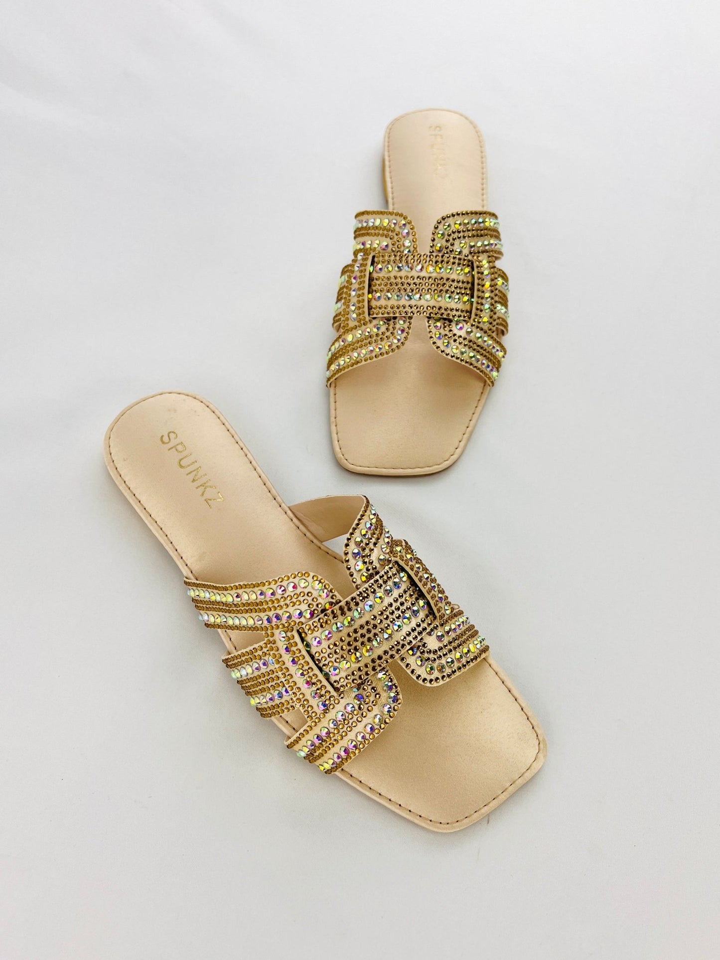 Rhinestone Straps Gold Slippers - Spunkz