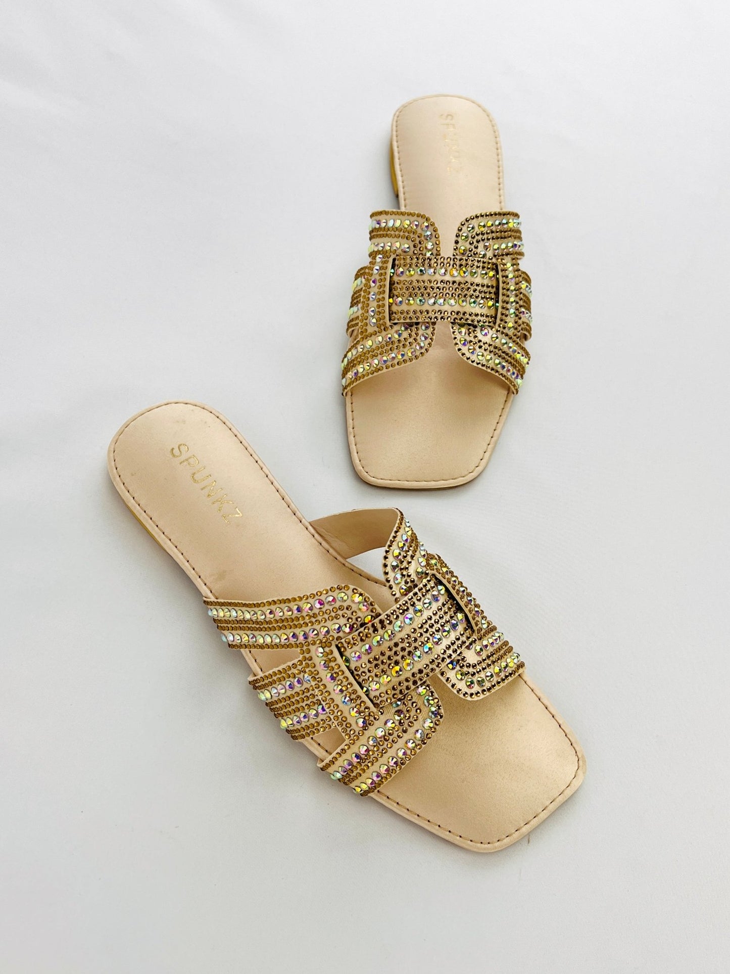 Rhinestone Straps Gold Slippers - Spunkz