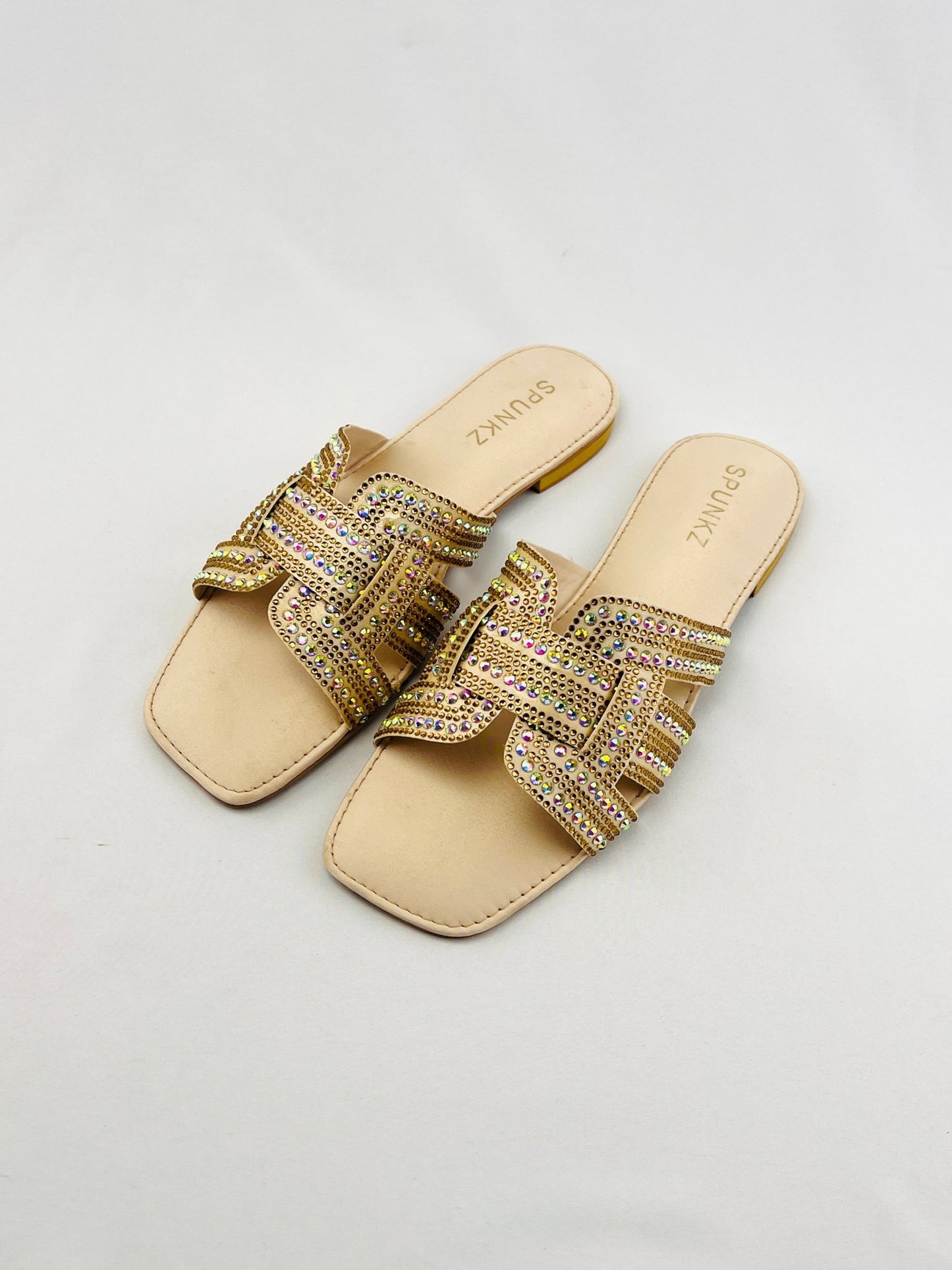Rhinestone Straps Gold Slippers - Spunkz
