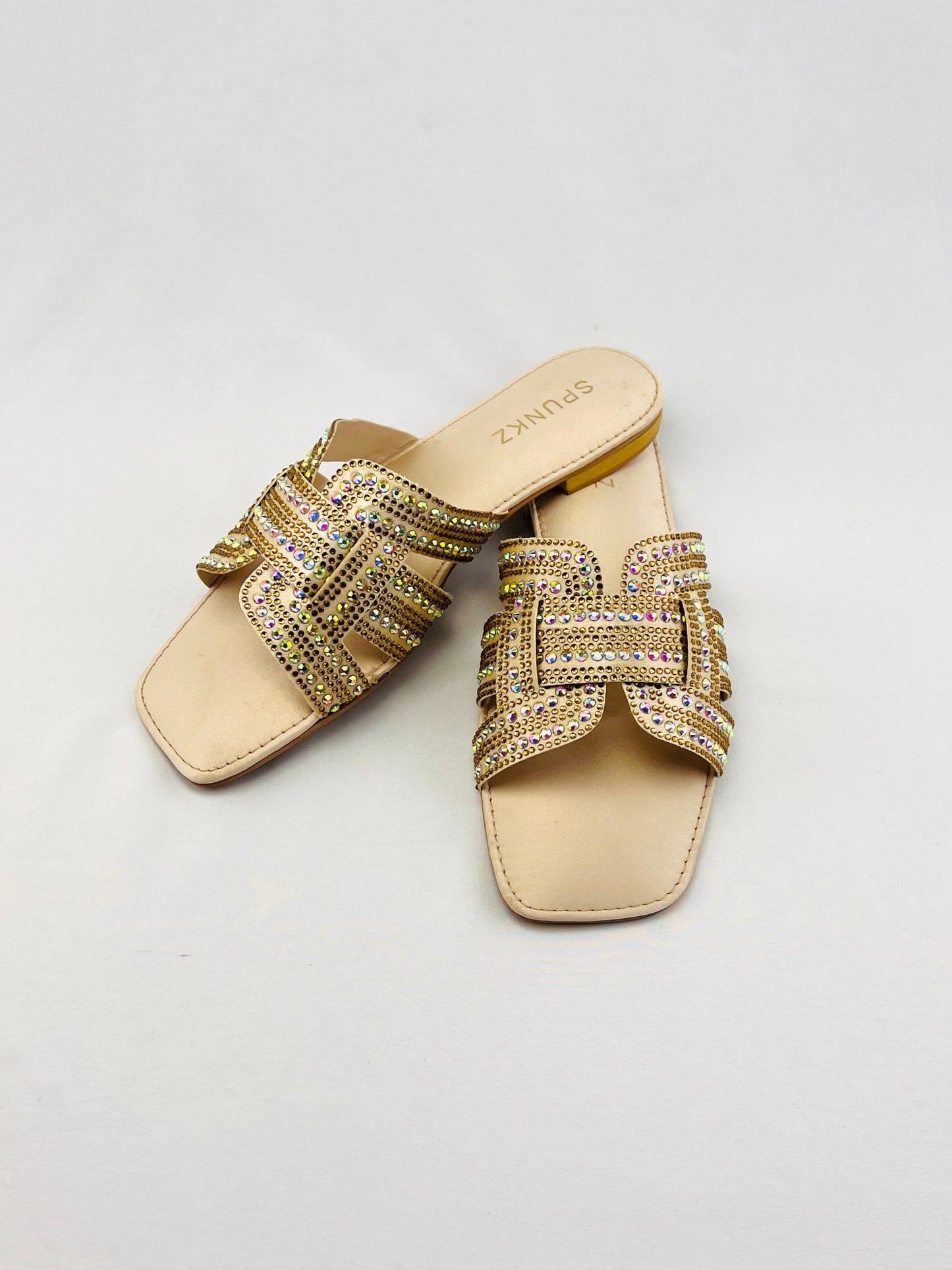 Rhinestone Straps Gold Slippers - Spunkz