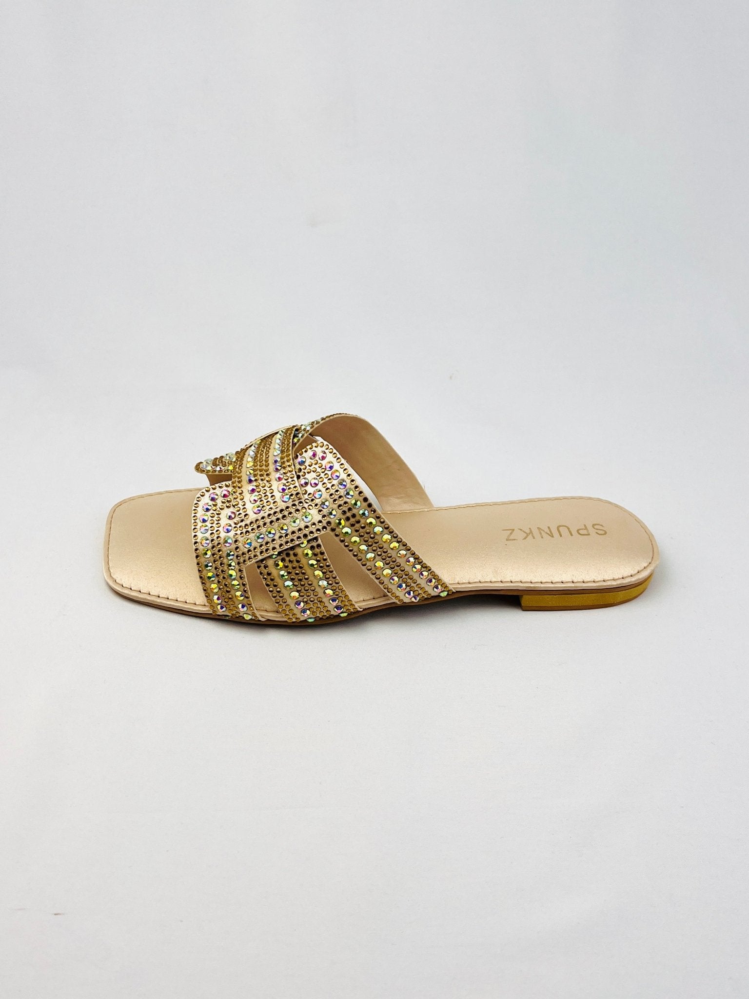 Rhinestone Straps Gold Slippers - Spunkz