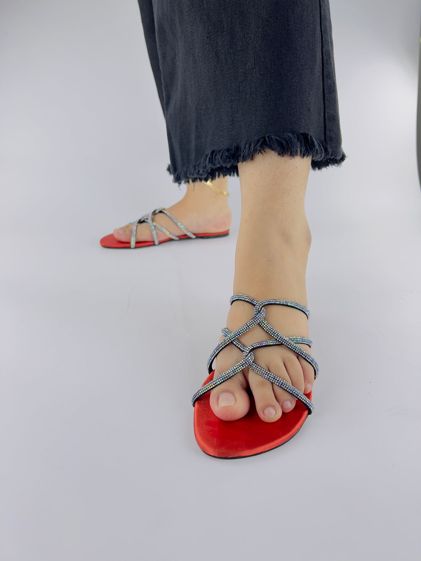 Mia Orange Shiny Rhinestone Mesh Twirl Straps Flat Sandals-11046