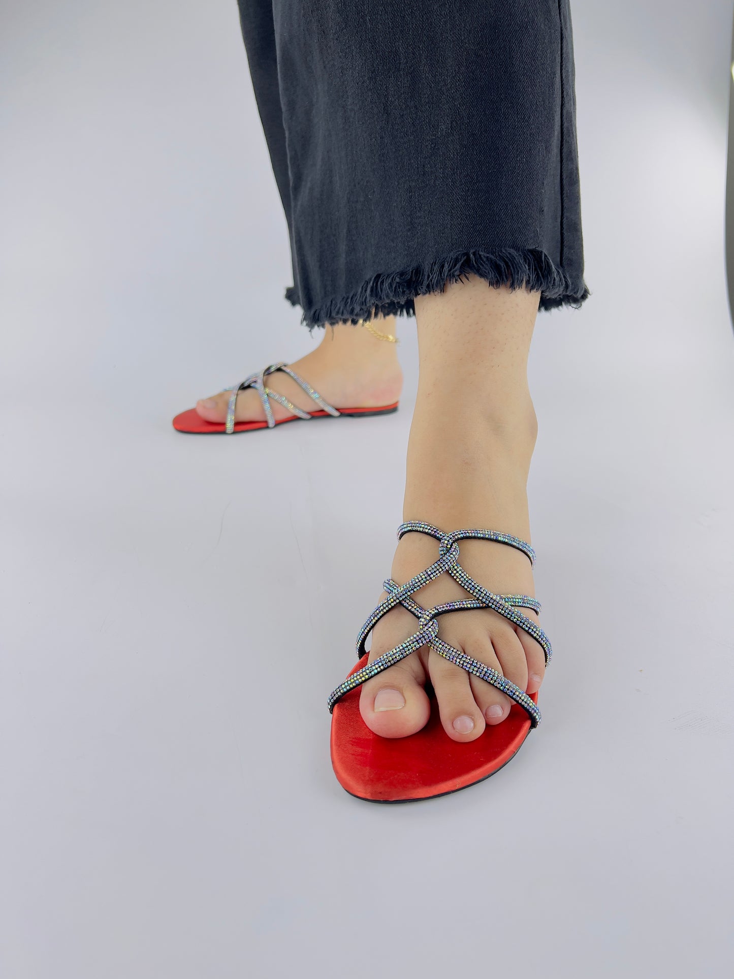Mia Orange Shiny Rhinestone Mesh Twirl Straps Flat Sandals-11046