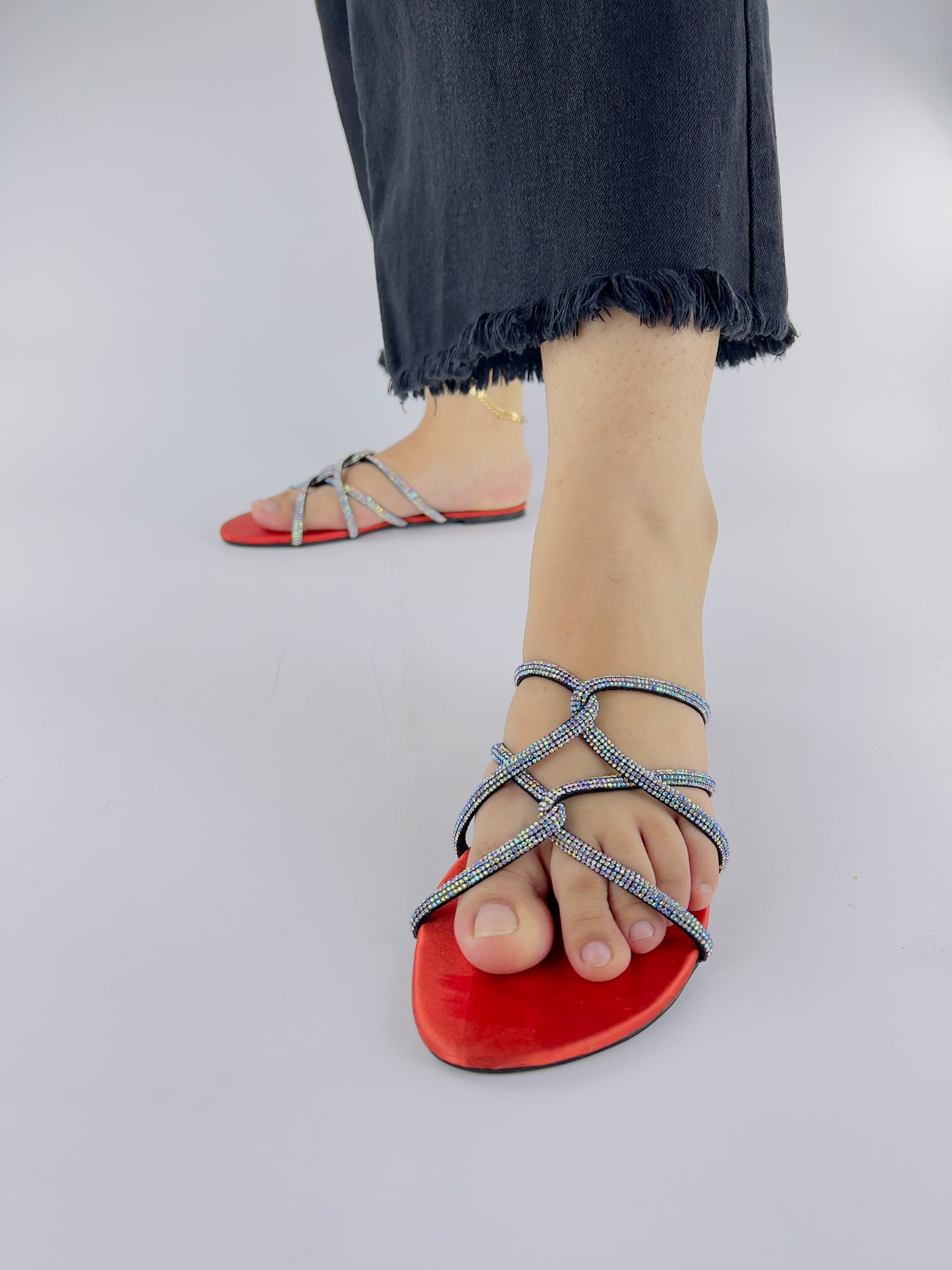 Mia Orange Shiny Rhinestone Mesh Twirl Straps Flat Sandals-11046
