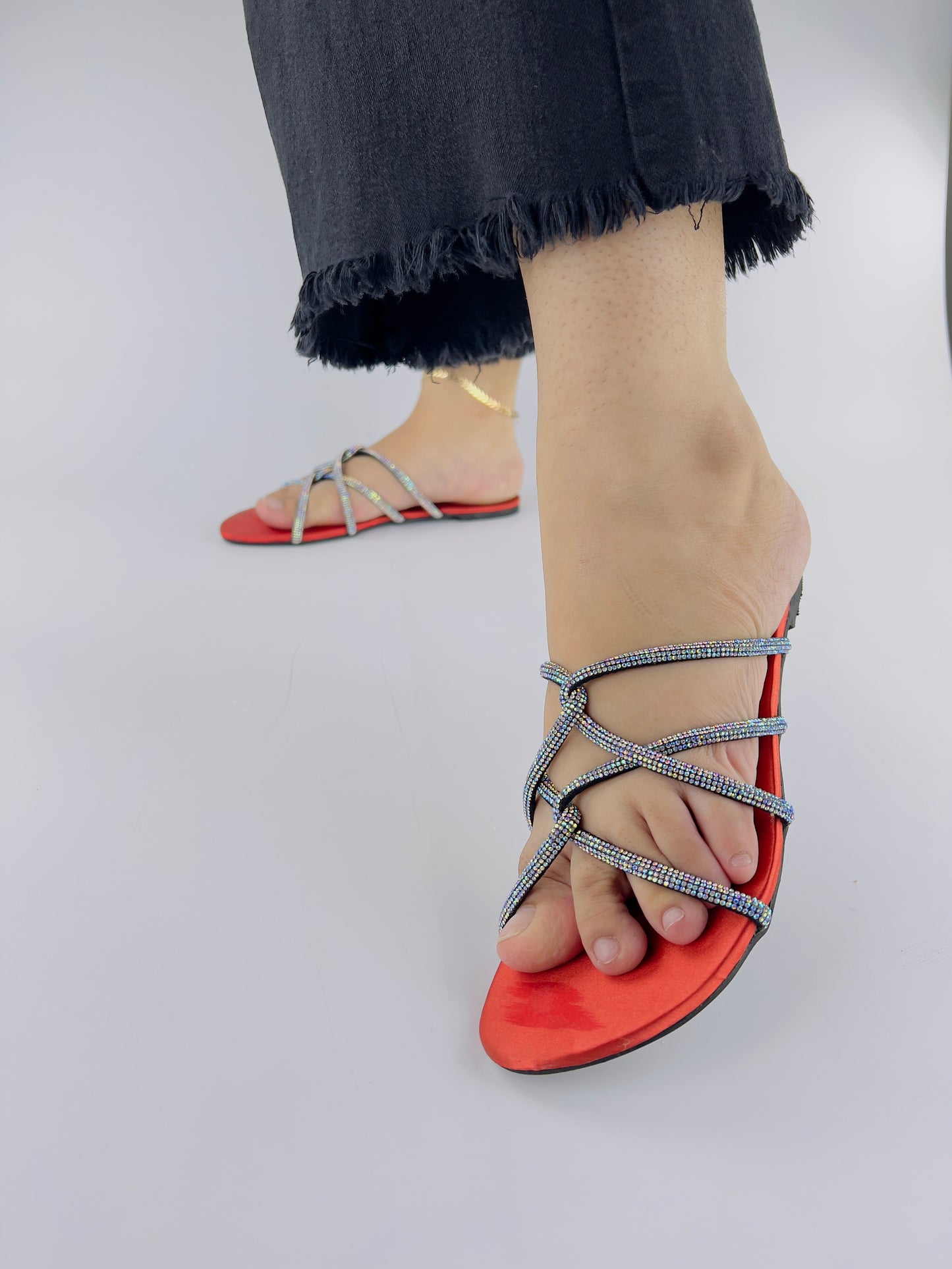 Mia Orange Shiny Rhinestone Mesh Twirl Straps Flat Sandals-11046
