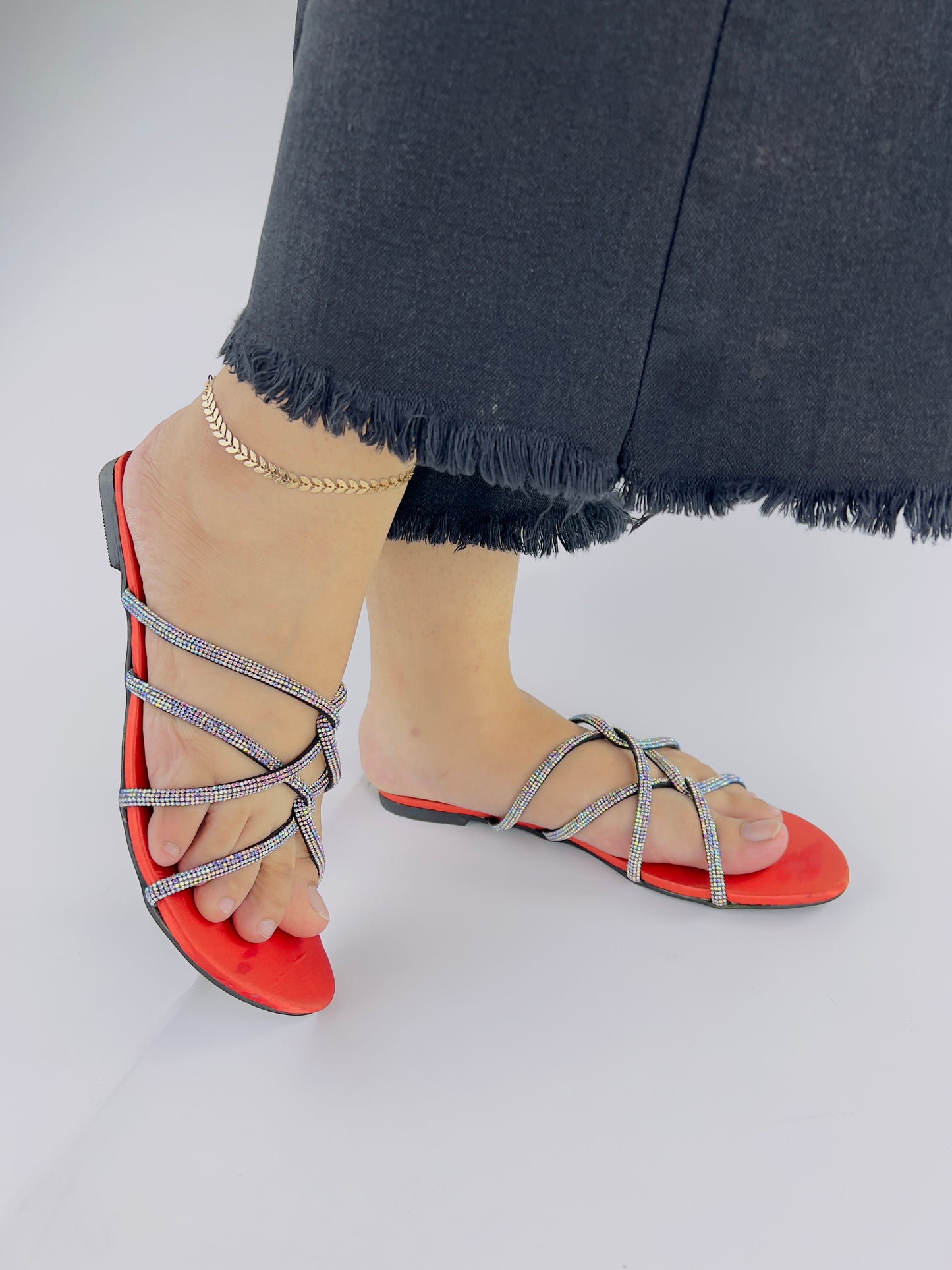 Mia Orange Shiny Rhinestone Mesh Twirl Straps Flat Sandals-11046