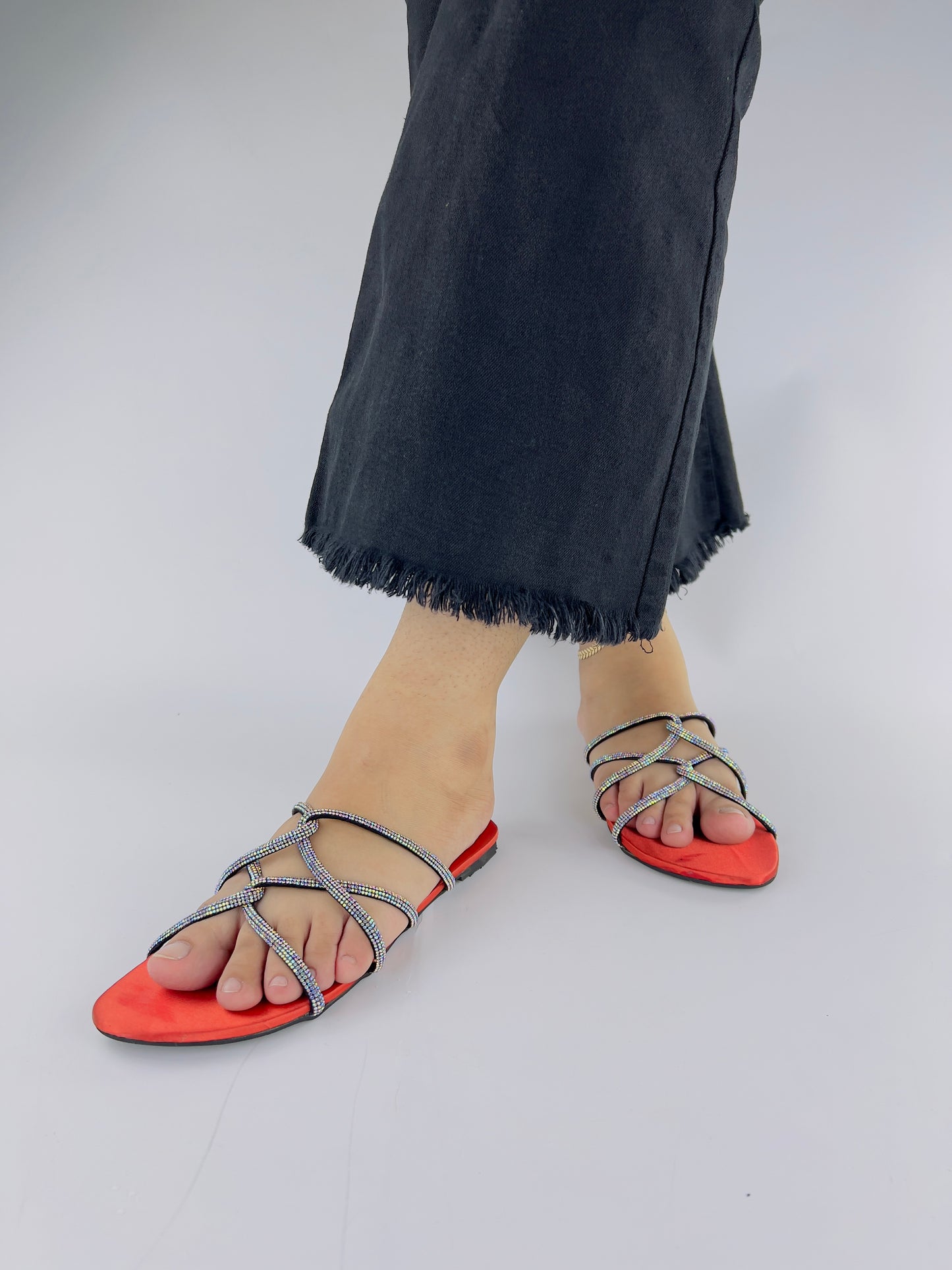 Mia Orange Shiny Rhinestone Mesh Twirl Straps Flat Sandals-11046
