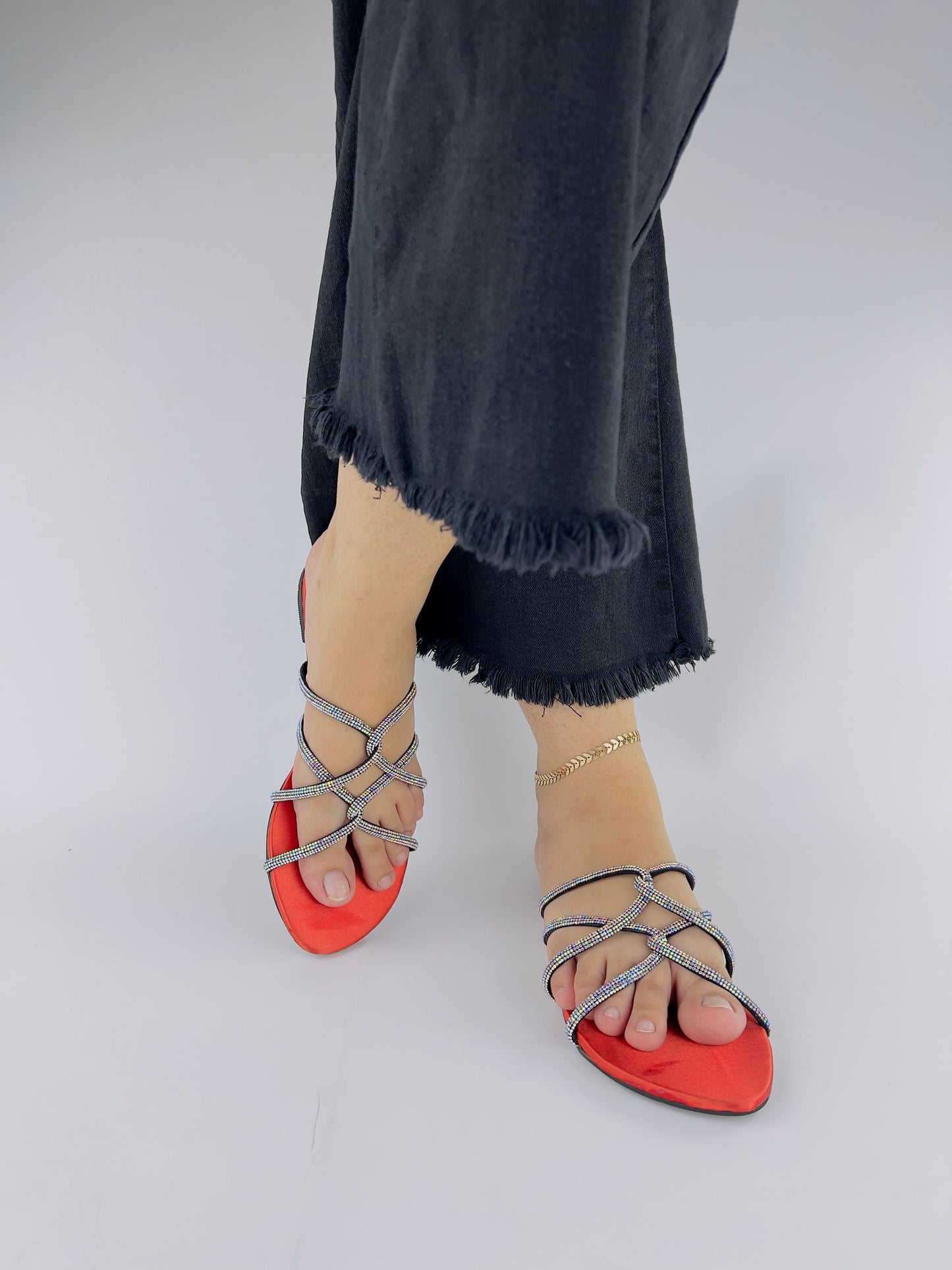 Mia Orange Shiny Rhinestone Mesh Twirl Straps Flat Sandals-11046