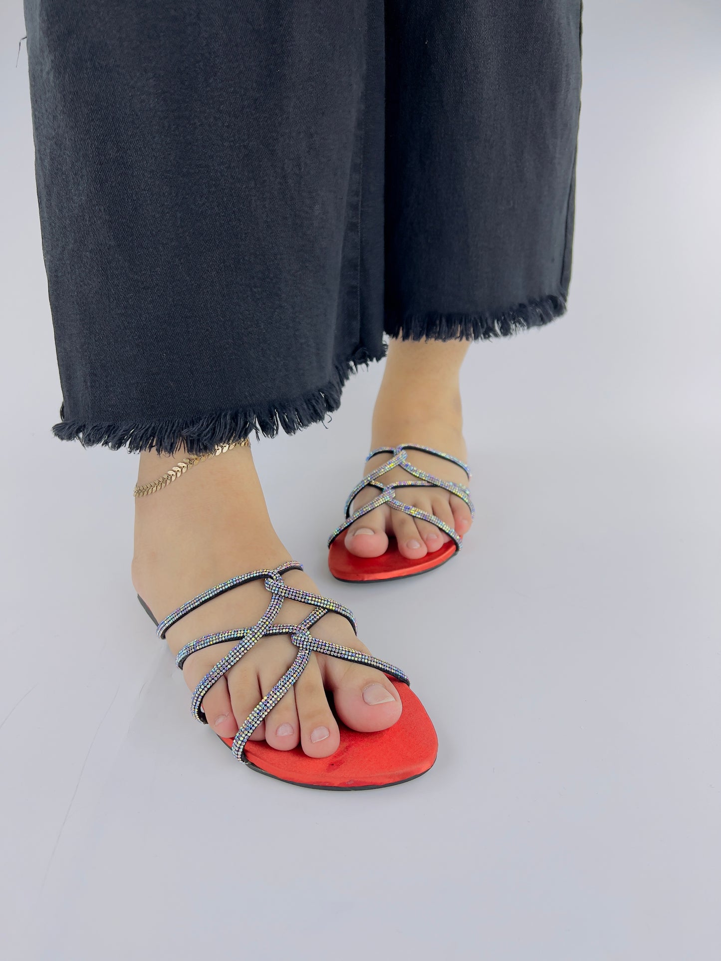 Mia Orange Shiny Rhinestone Mesh Twirl Straps Flat Sandals-11046