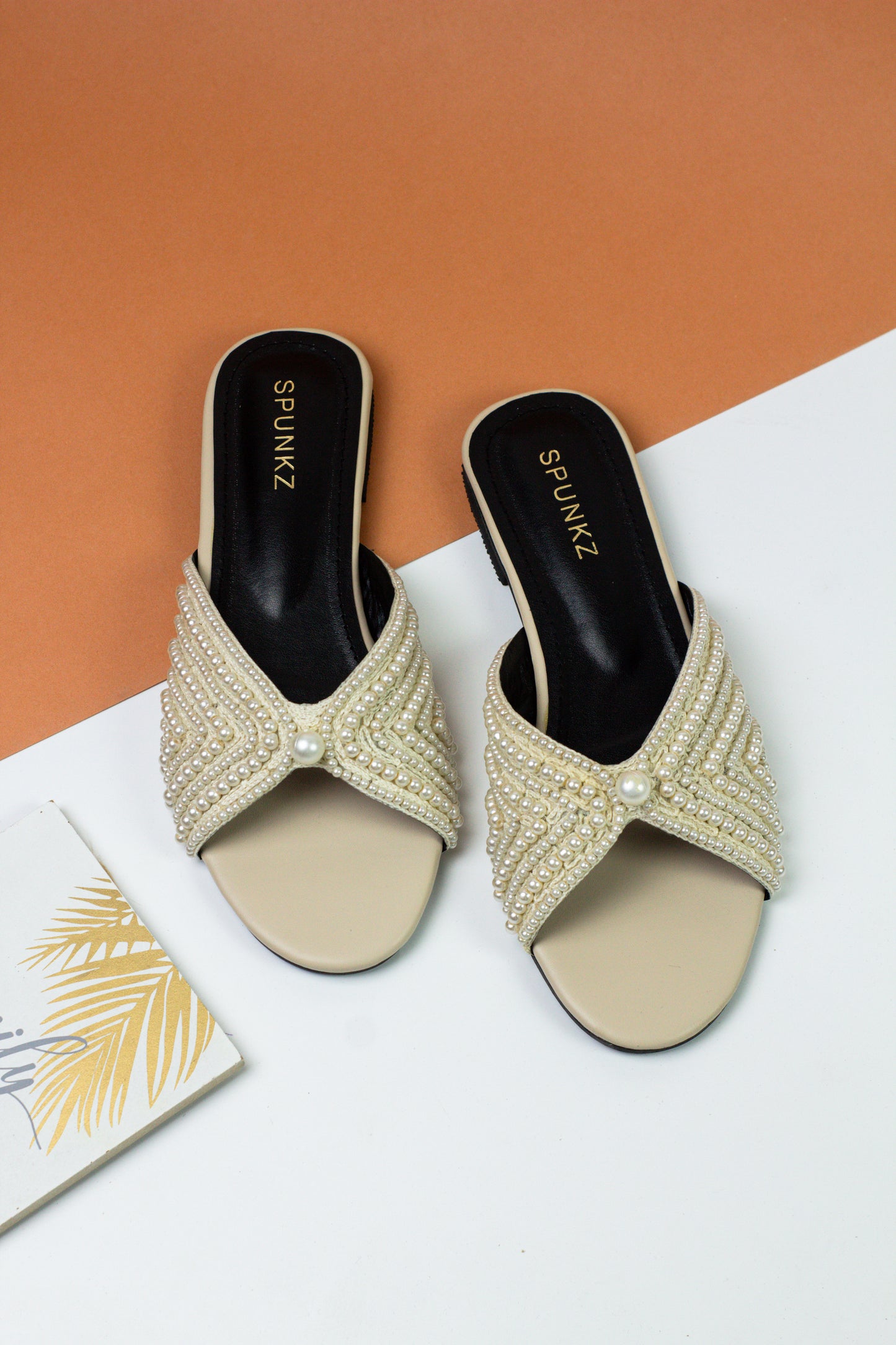 Spunkz Fawn Pearls Embroidery Decor Open Toe Flat Sandals - Spunkz