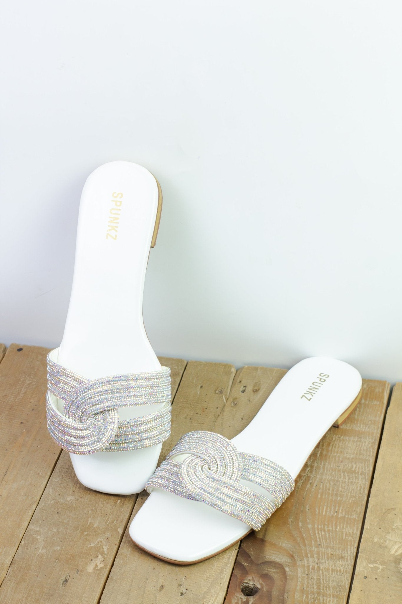 Diamanté White Flat Slides - Spunkz